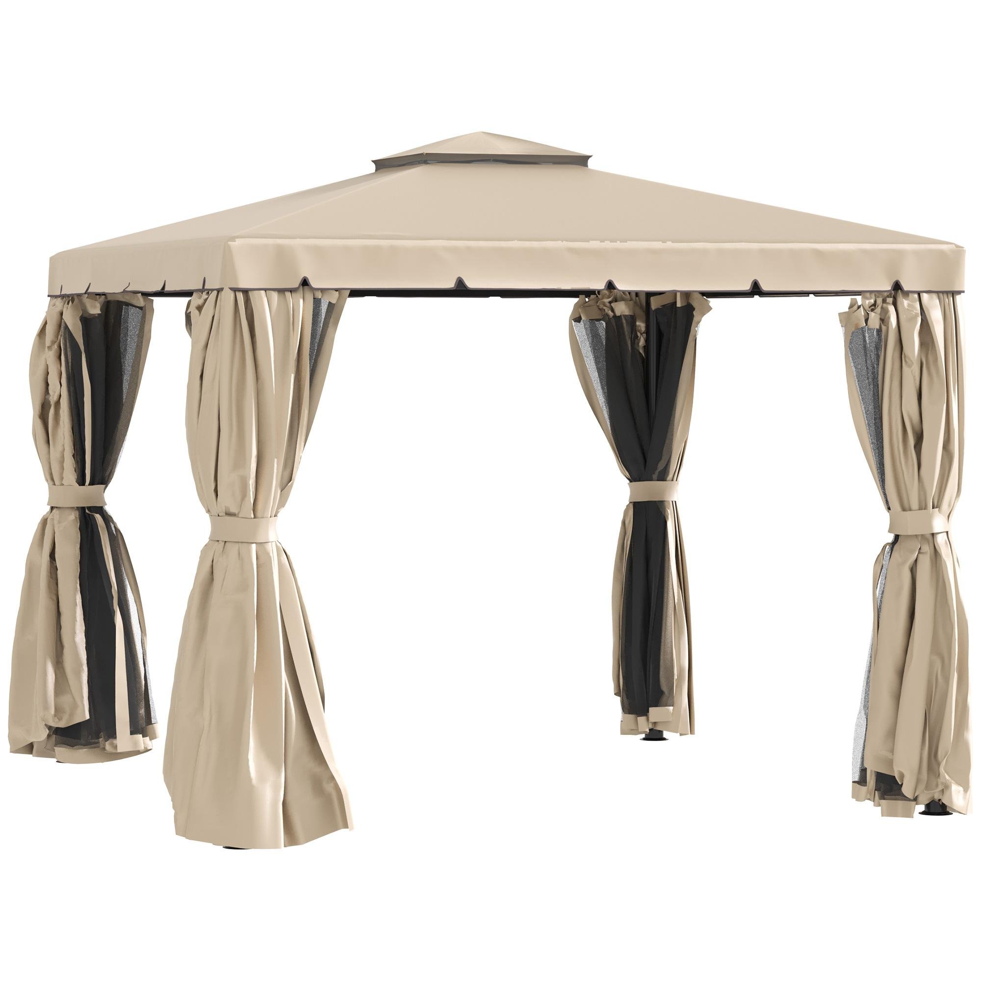 Khaki 10 ft Gazebo with Double-Tier Canopy and Curtains