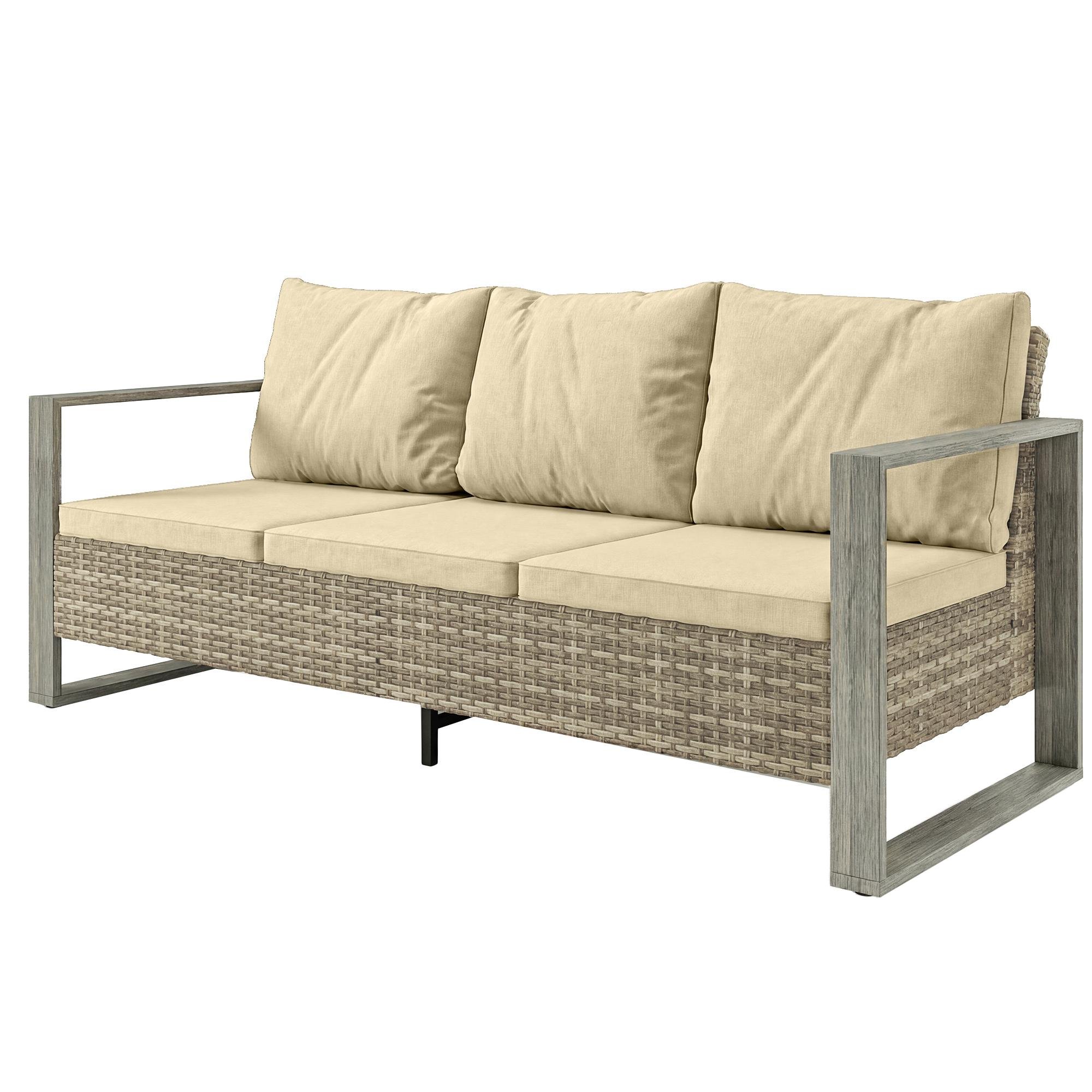 Khaki Deep-Seat Patio Sofa, PE Wicker, 3-Seater