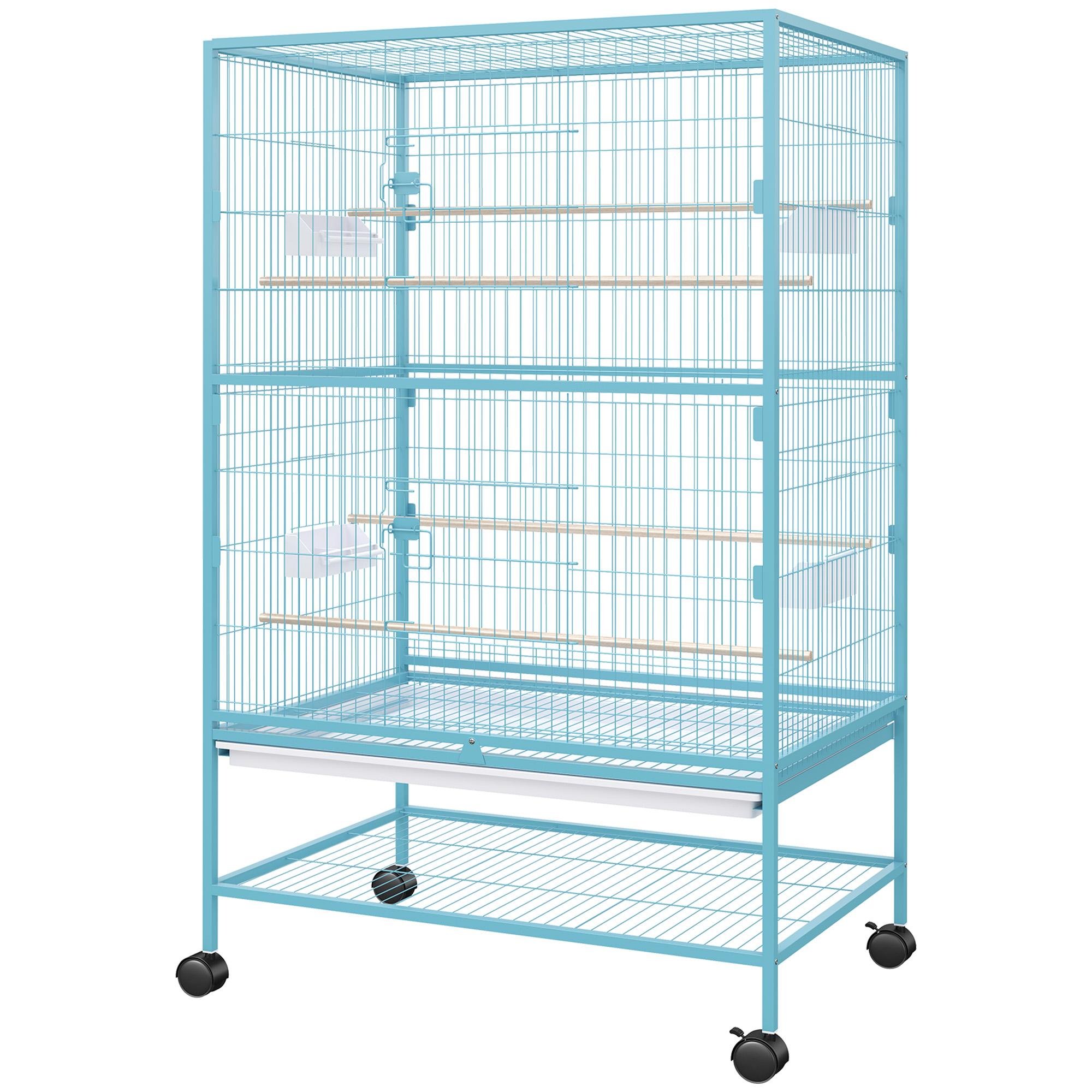 Light Blue Rolling Bird Cage with Shelf, 52 Inch
