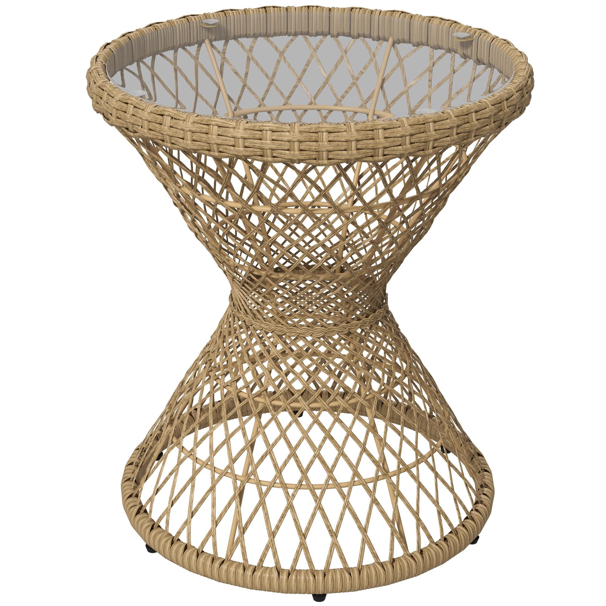 Light Brown Drum Wicker Table with Tempered Glass Top