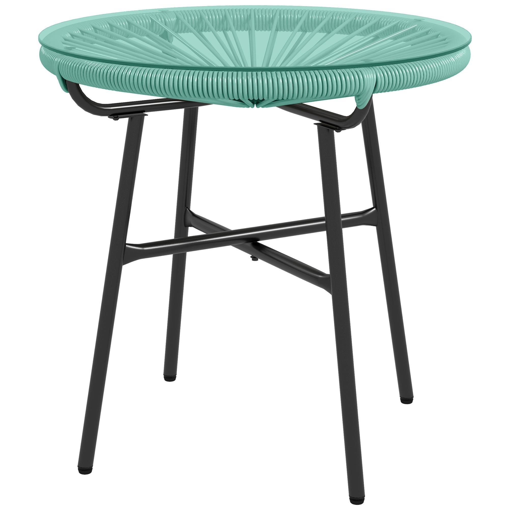 Light Green Rattan Side Table with Tempered Glass