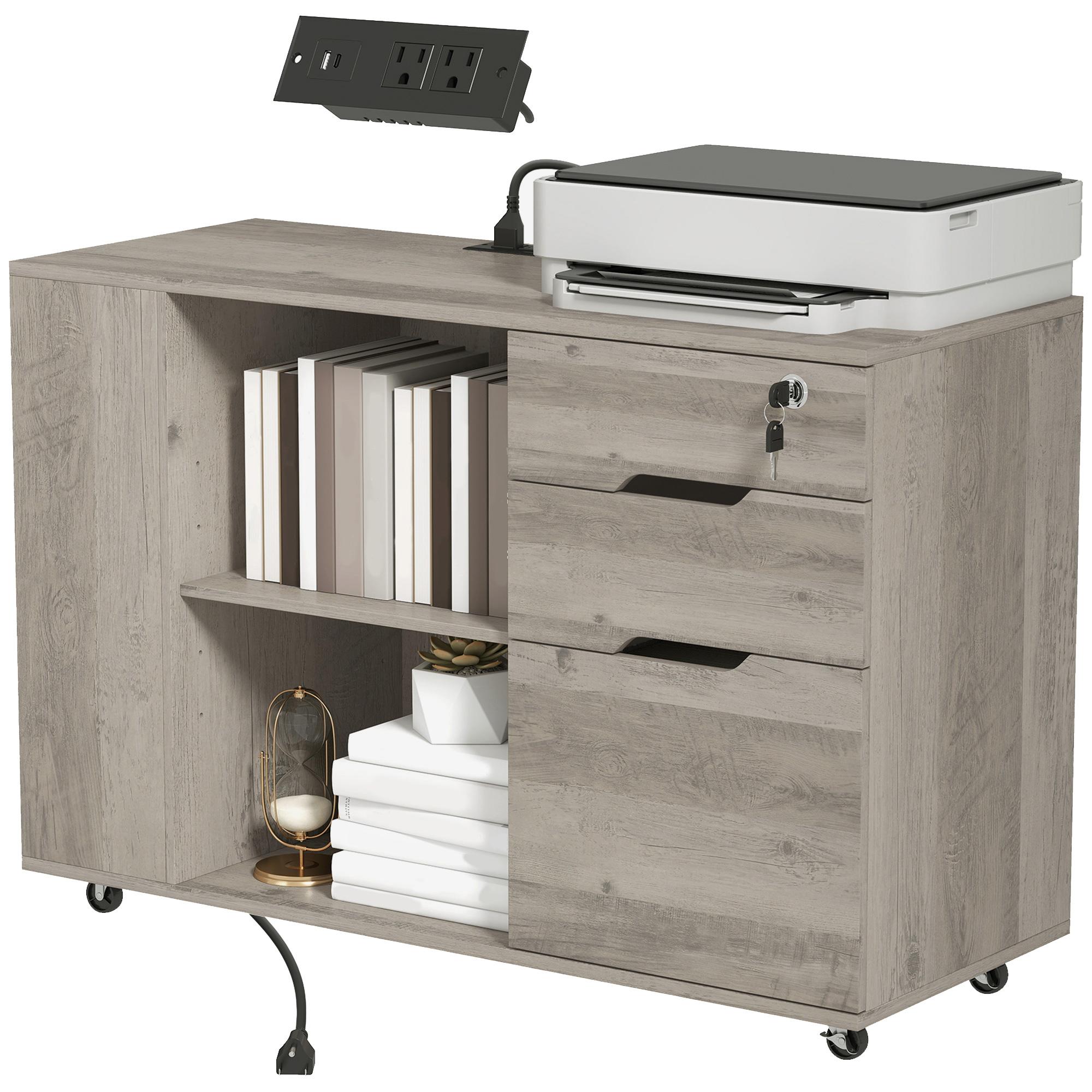 Light Grey Brown Filing Cabinet with Power Centre
