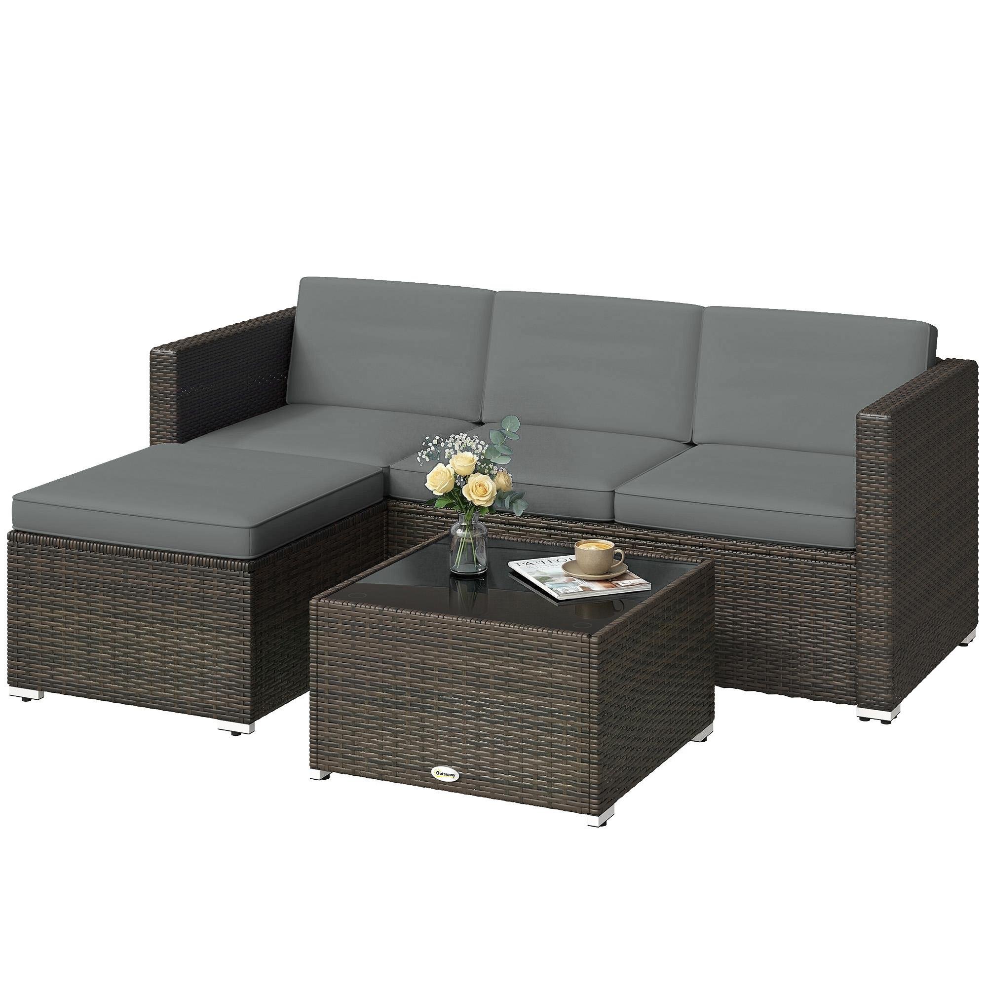 Light Grey PE Rattan Set with Cushions, 3-Piece