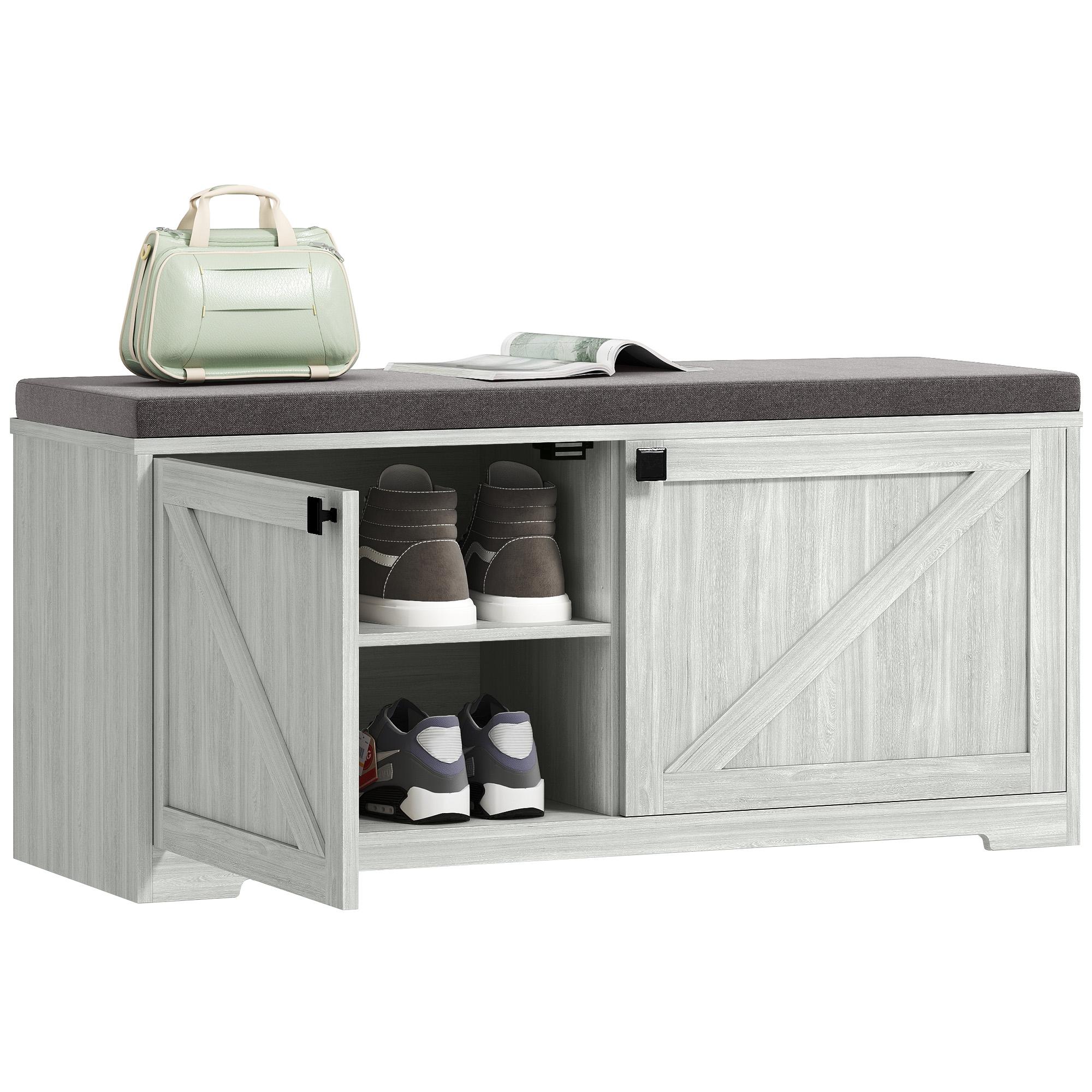 Light Grey Farmhouse Shoe Bench with Padded Seat