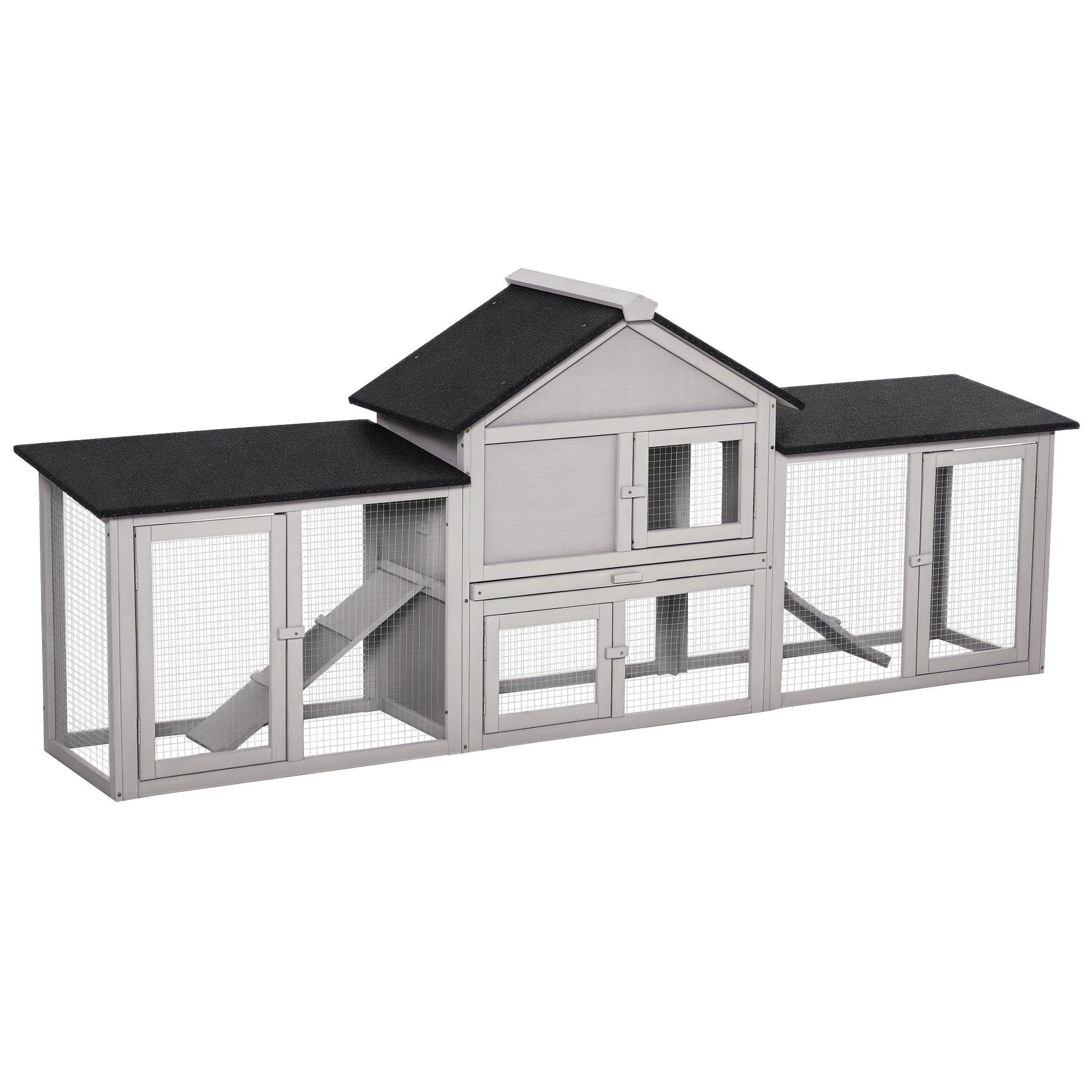 Light Grey Fir Rabbit Hutch with Double Runs