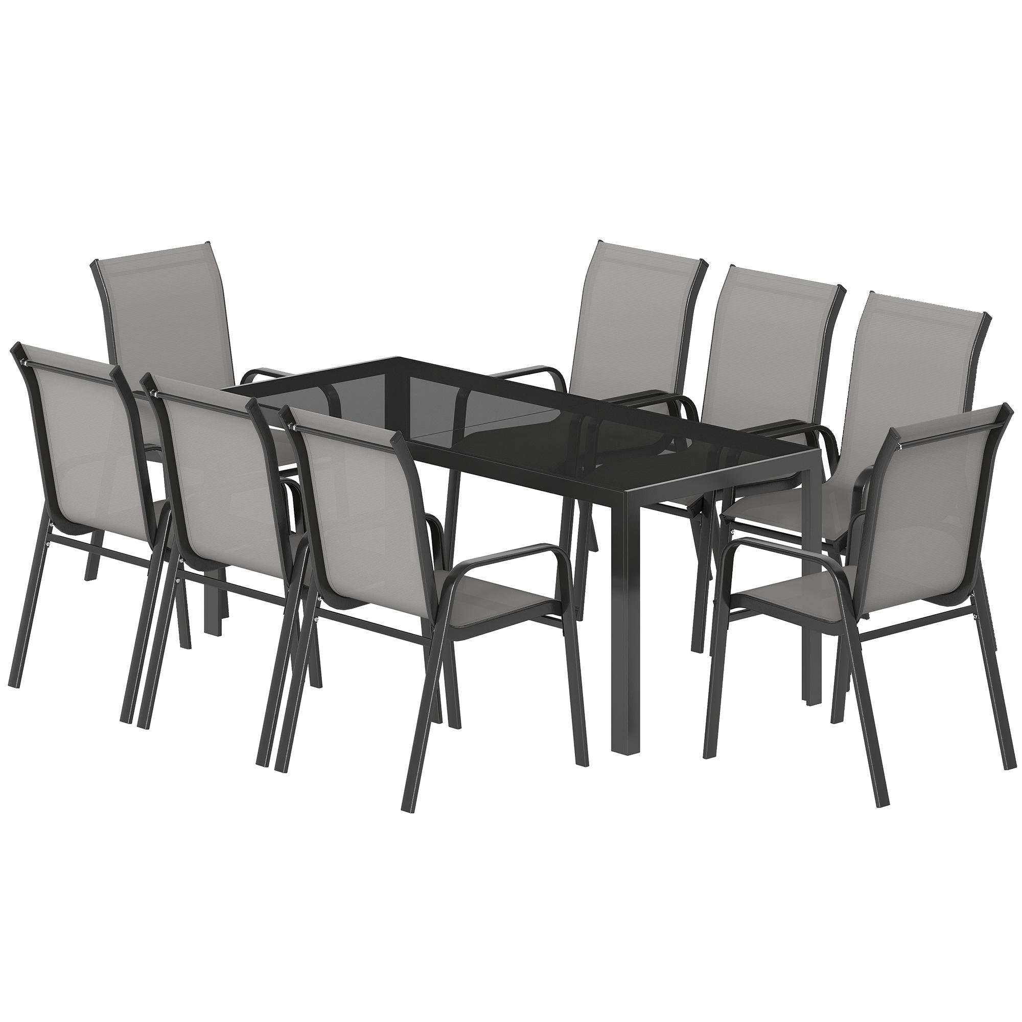 Light Grey Glass Patio Set with Stackable Chairs, 180 cm