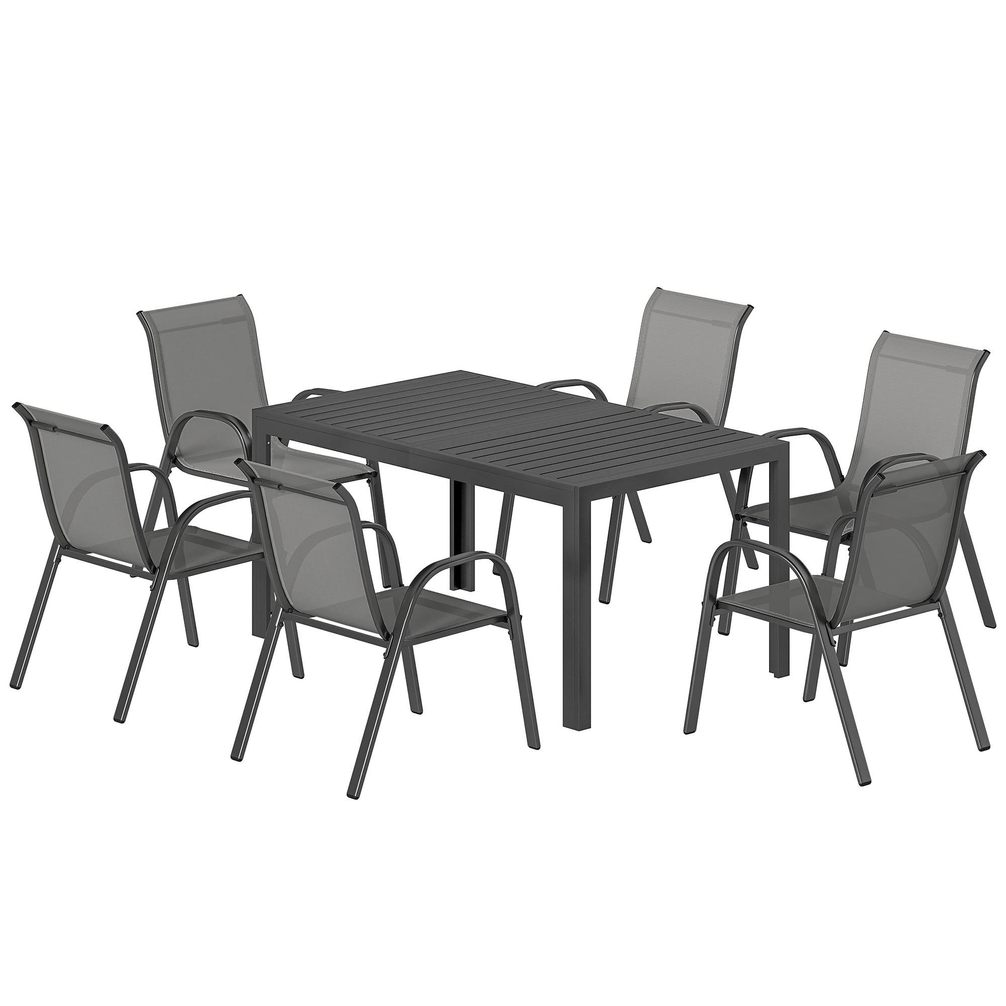 Light Grey Steel Dining Set with Stackable Chairs for Six