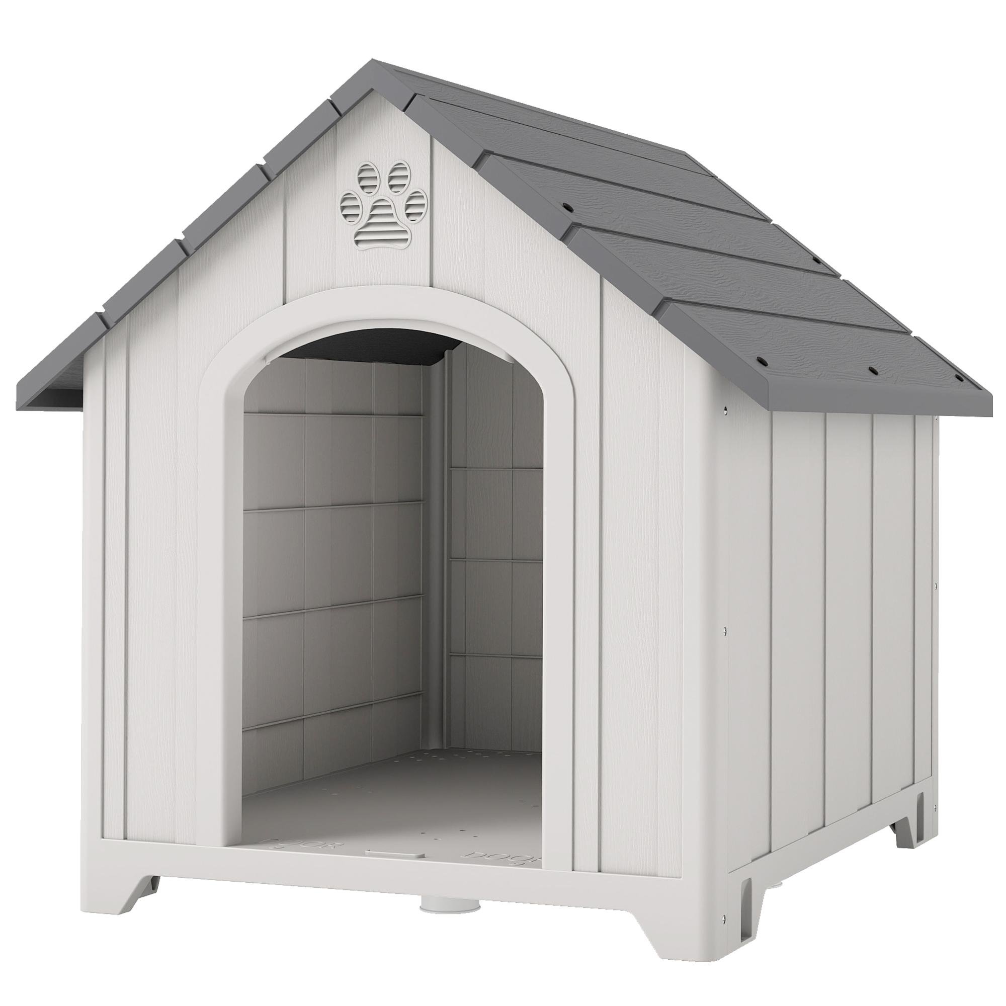 Light Grey Plastic Dog House with Raised Base, 34.6 x 31.1 x 35 in