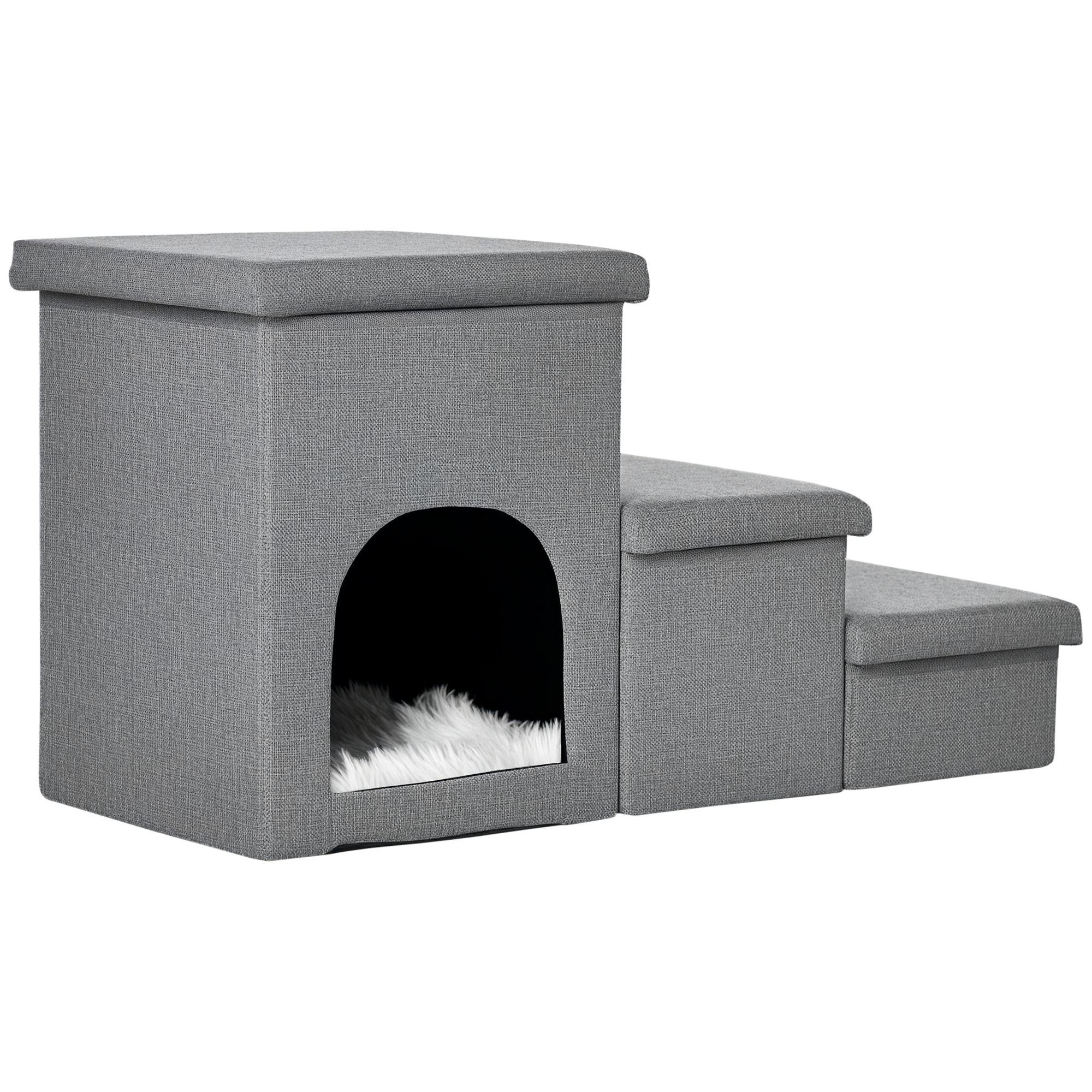 Light Grey Pet Stairs with Storage and Condo for High Beds
