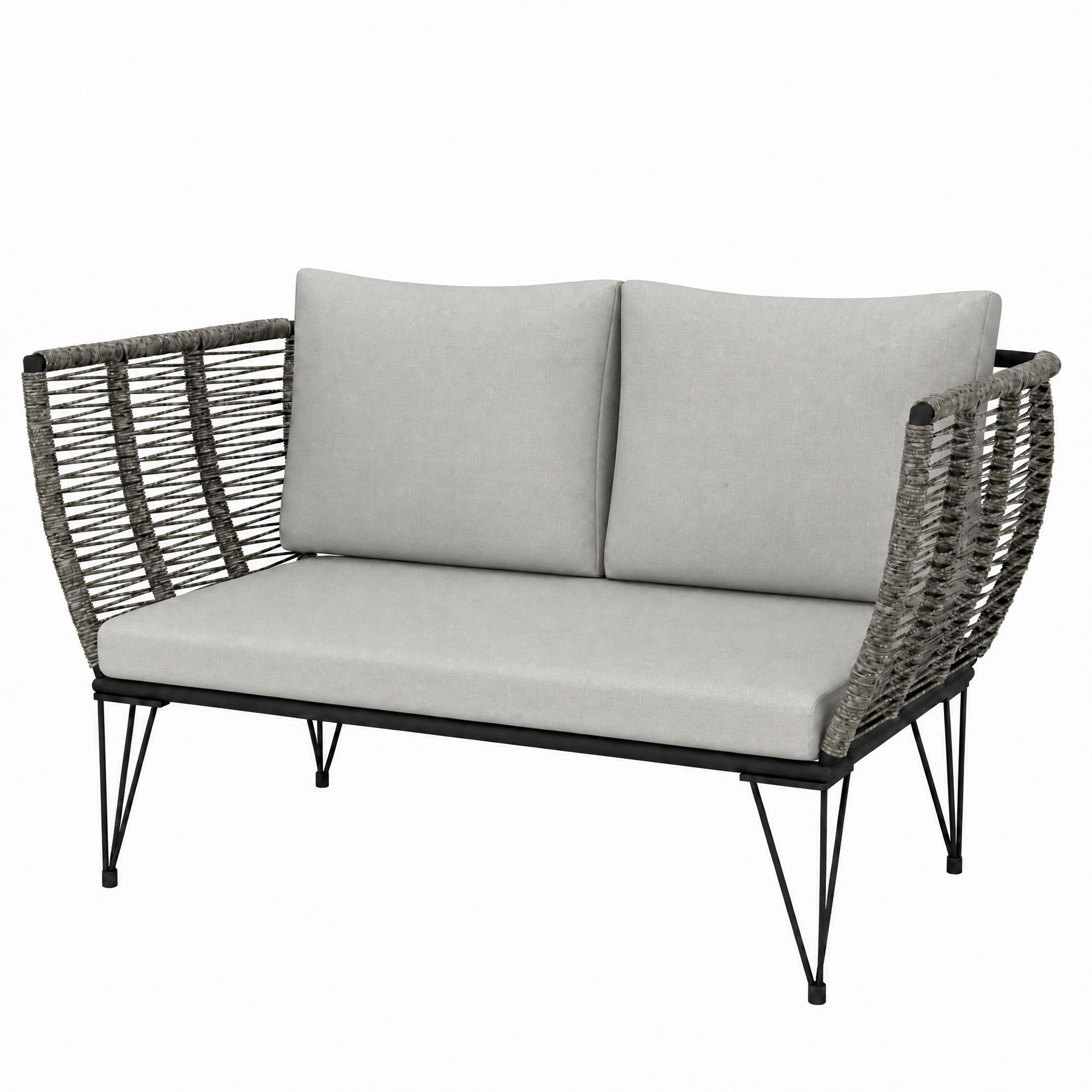 Light Grey PE Wicker Loveseat with Cushions, 2-Seater Patio Sofa