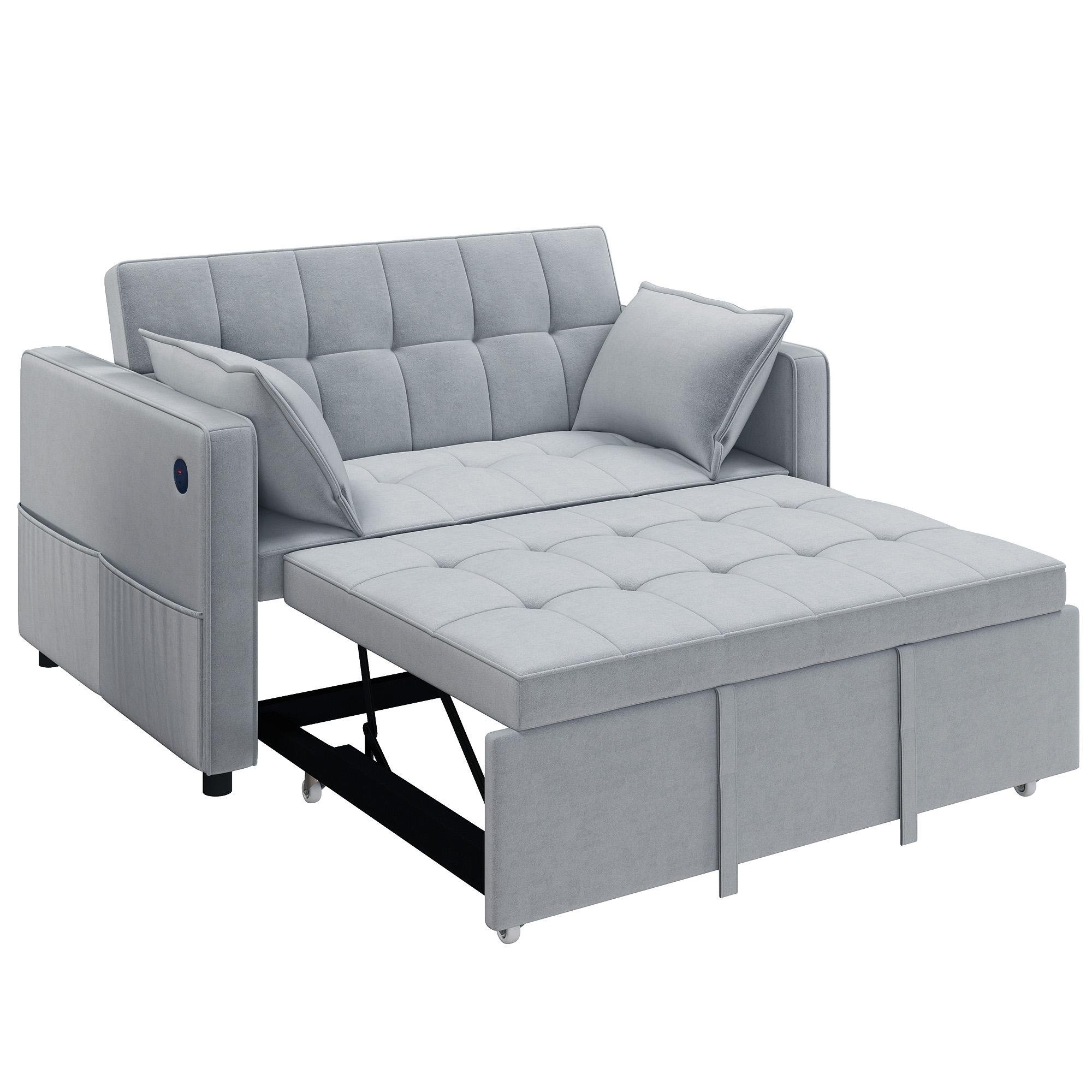 Light Grey Velvet Sofa Bed with USB Charging