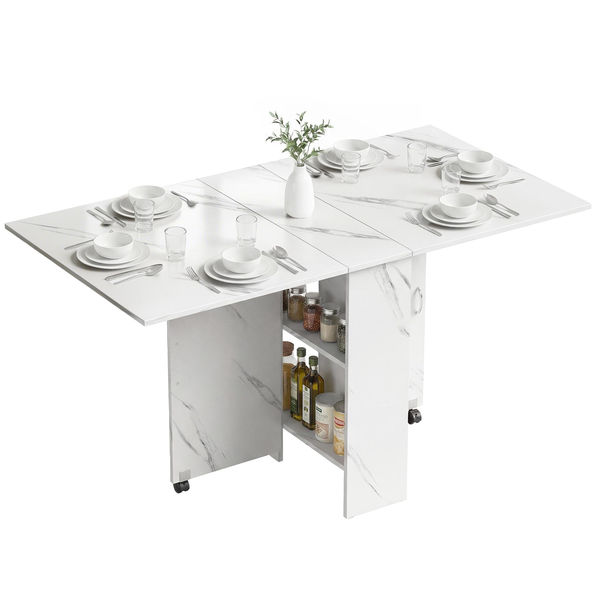 Marble White Rolling Dining Table with Shelves