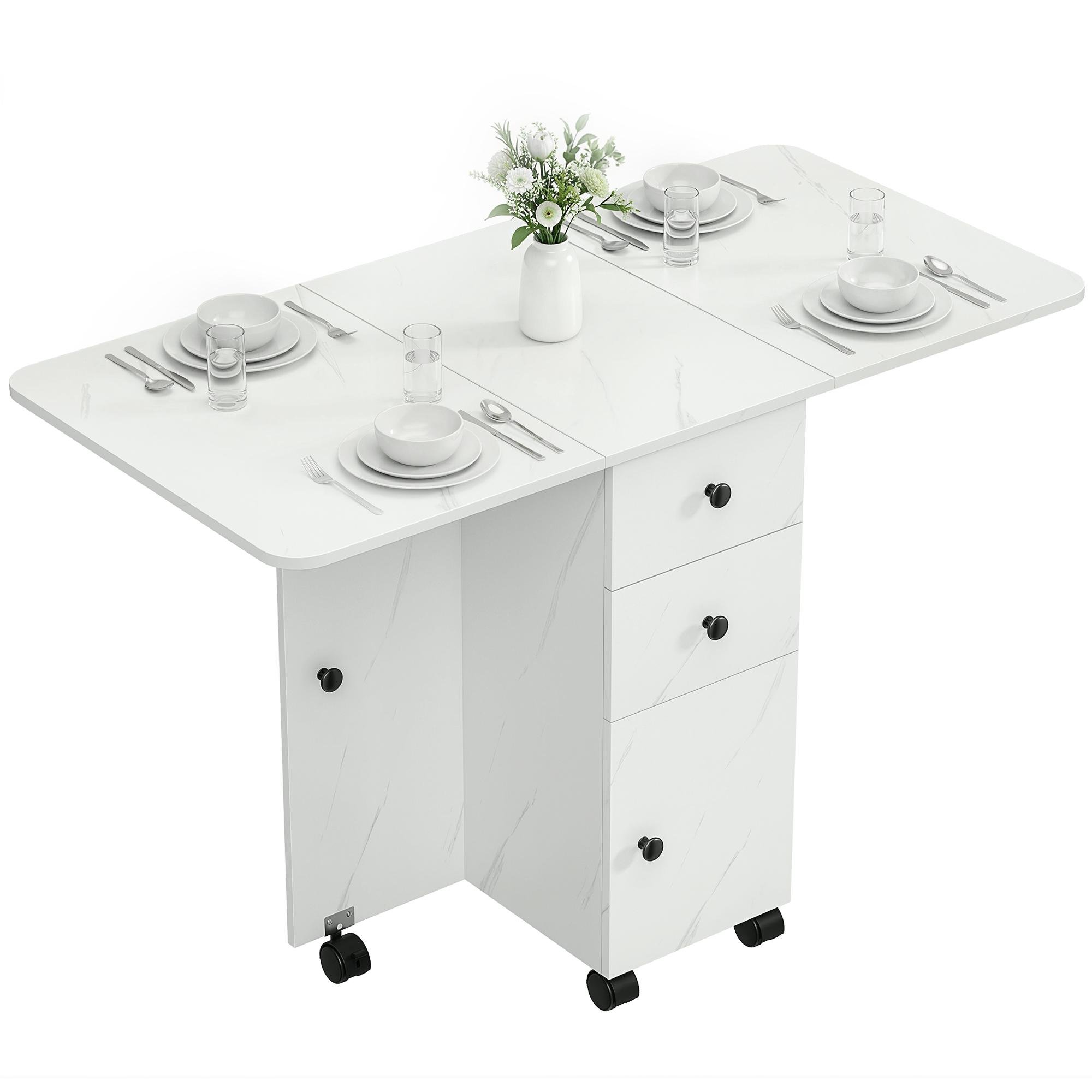 Marble White Mobile Dining Table with Foldable Leaves