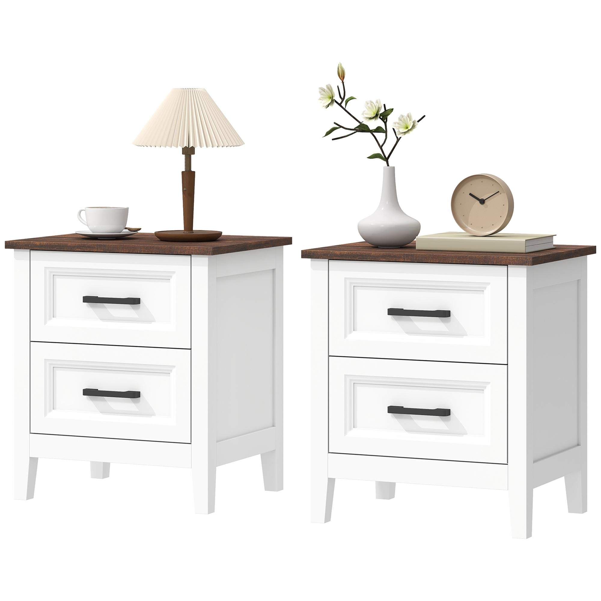 White Farmhouse Nightstands with Two Drawers, Set of 2