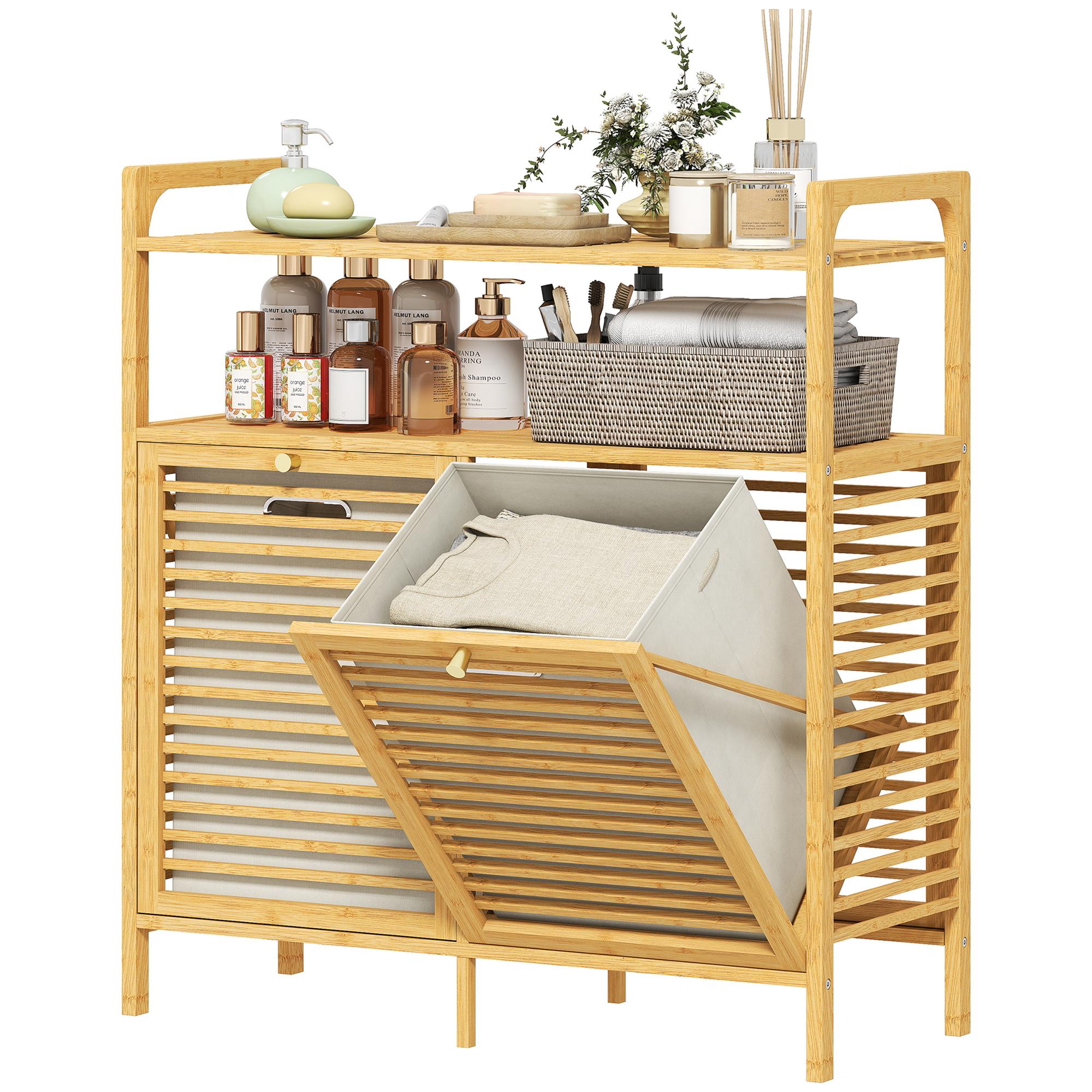 Natural Bamboo Laundry Cabinet with Two Removable Hampers