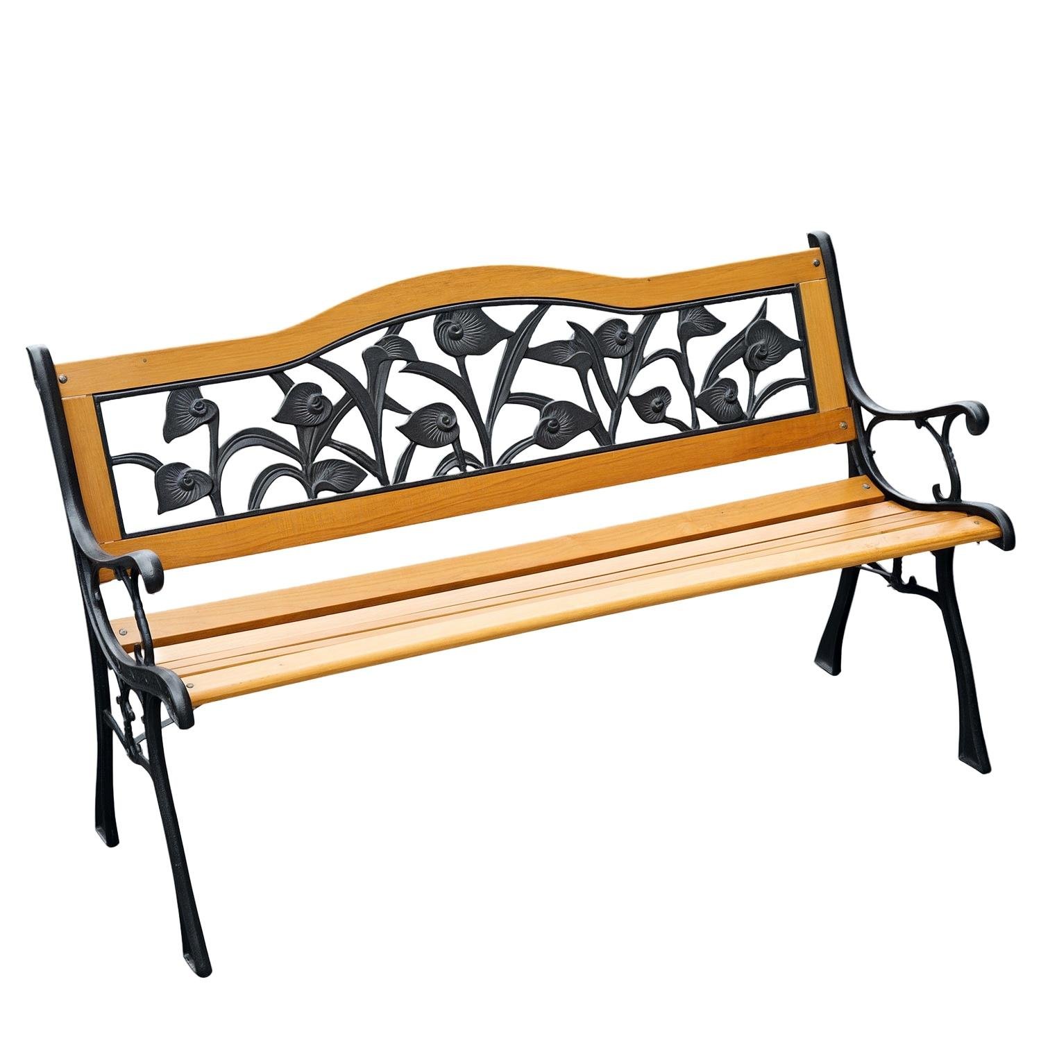 Natural Cast Iron Wood Bench, Floral-Scroll Two-Person Seat