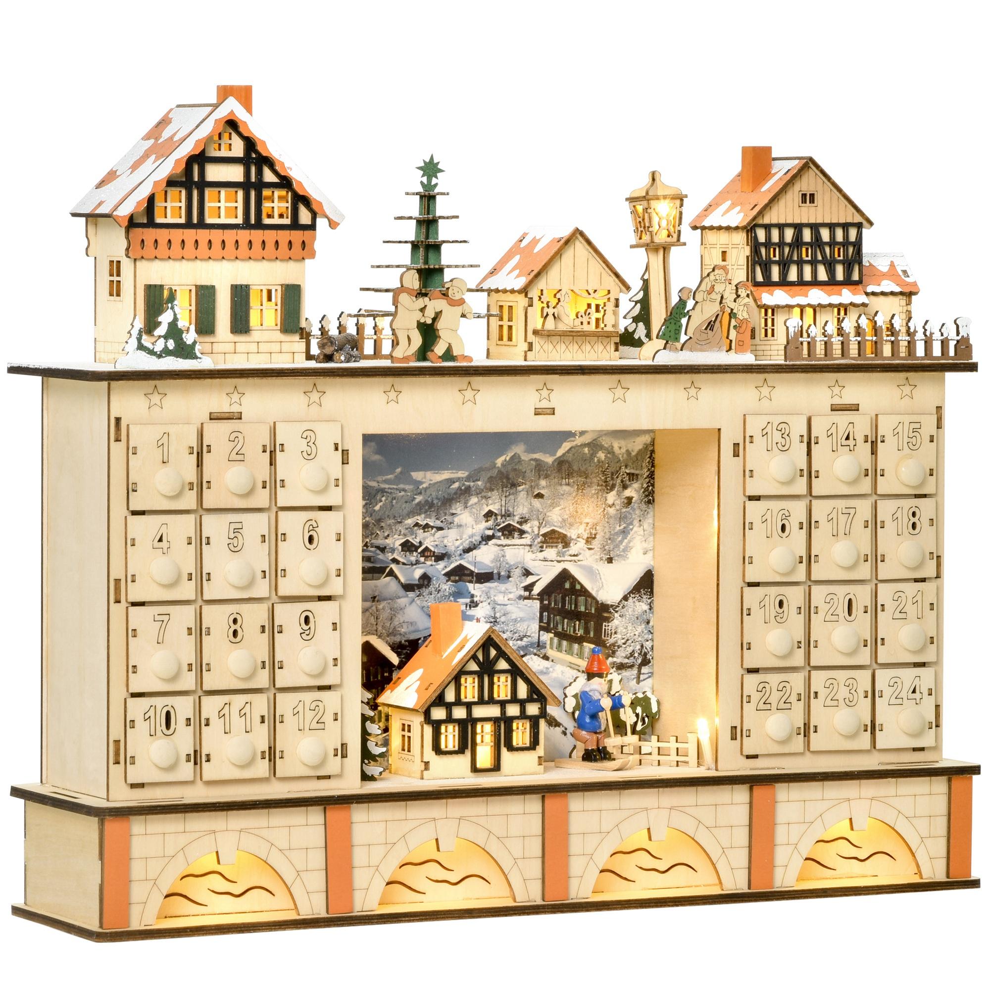Engineered Wood Advent Calendar with Lighted Village Scene