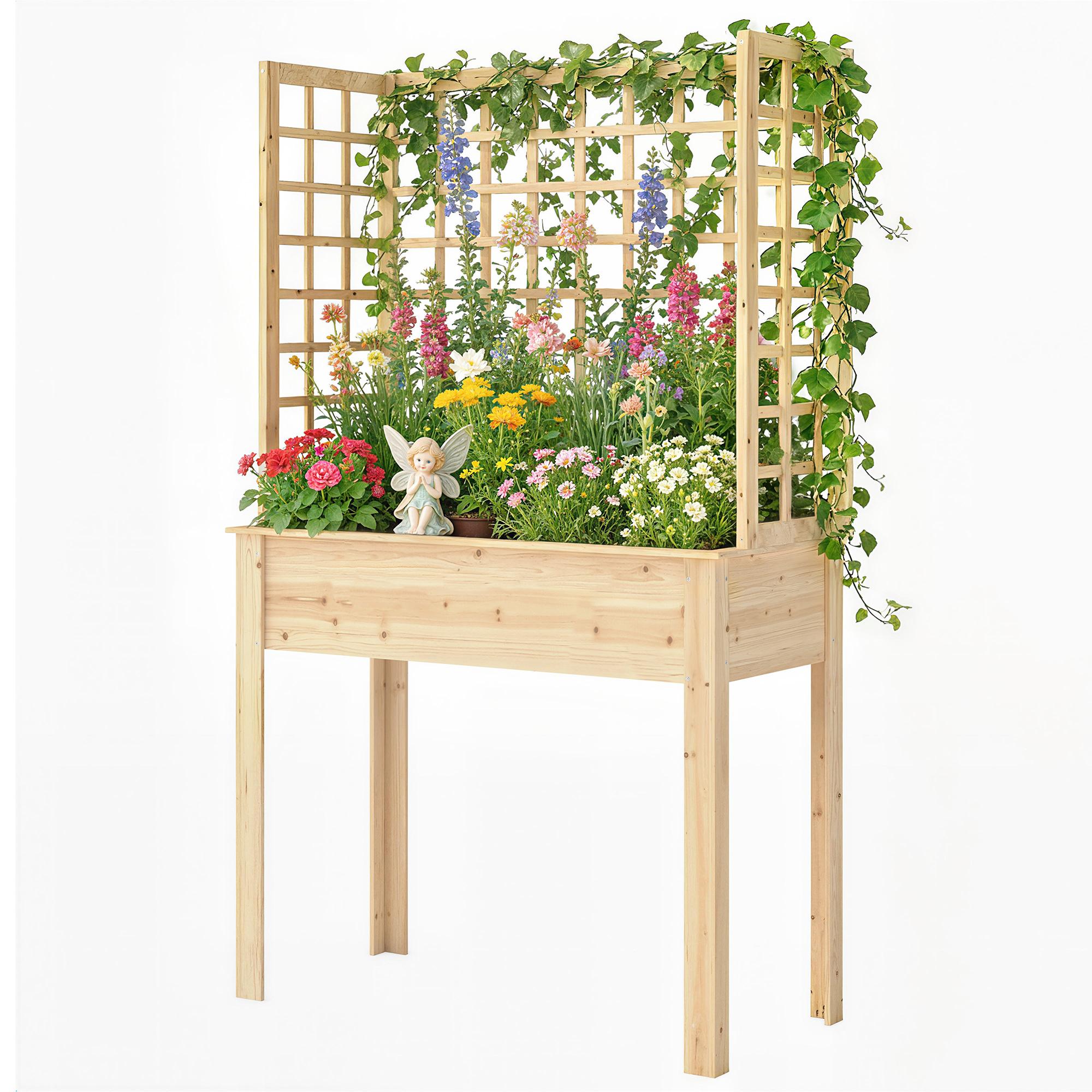 Natural Fir Garden Planter with Three Trellises for Patios