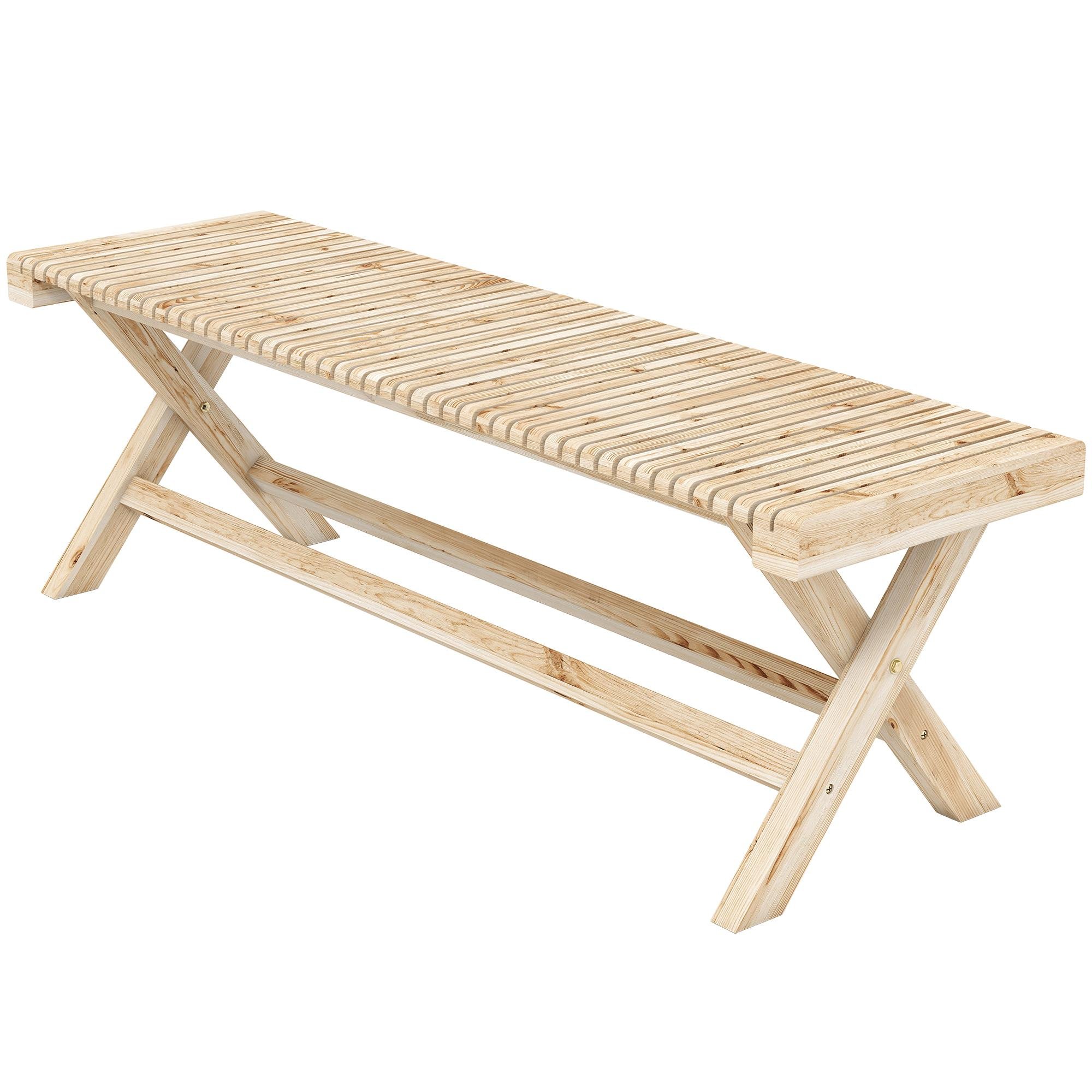 Natural Fir Wood Bench with Slatted Seat for Two