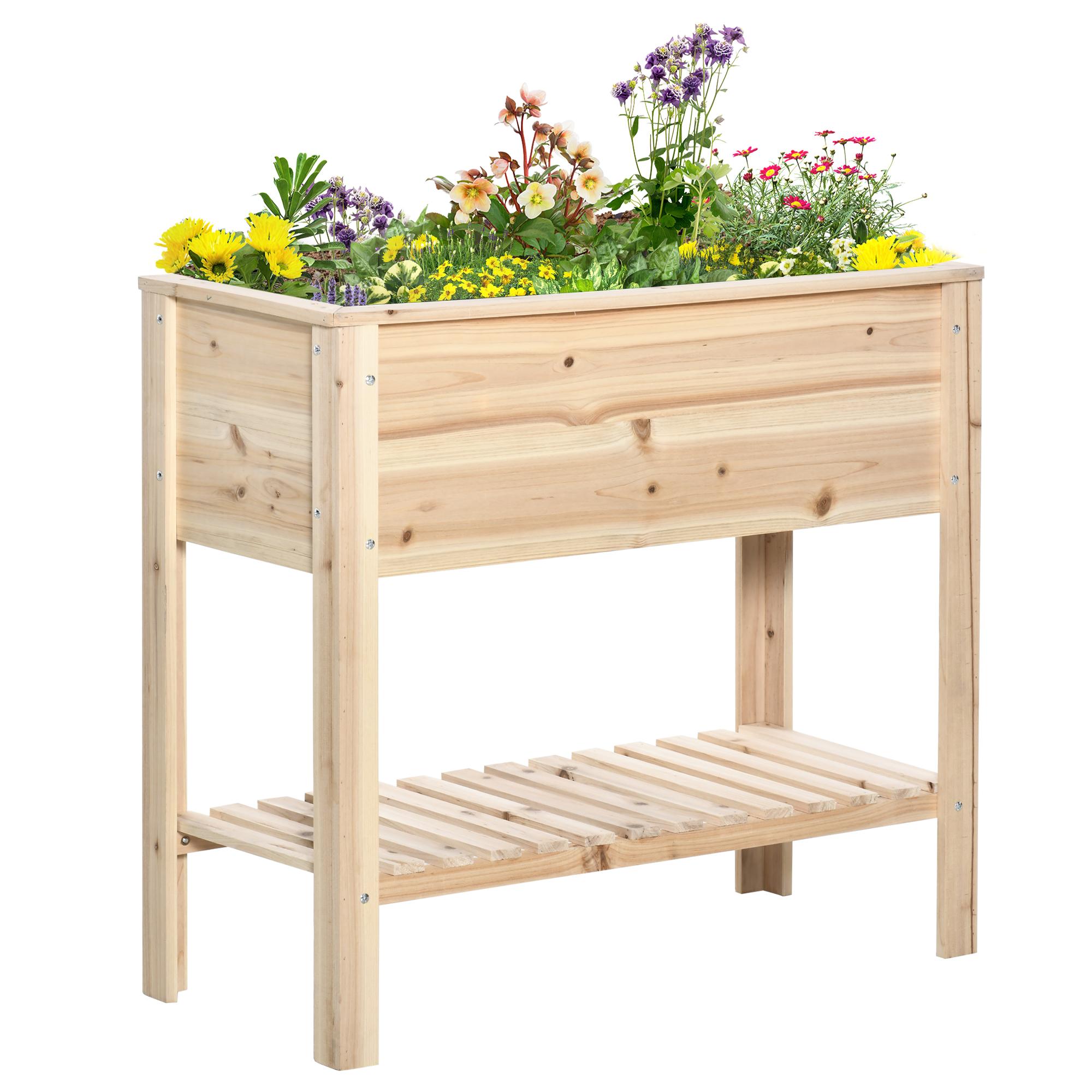Fir Wood Raised Planter with Storage Shelf, 35.4 in