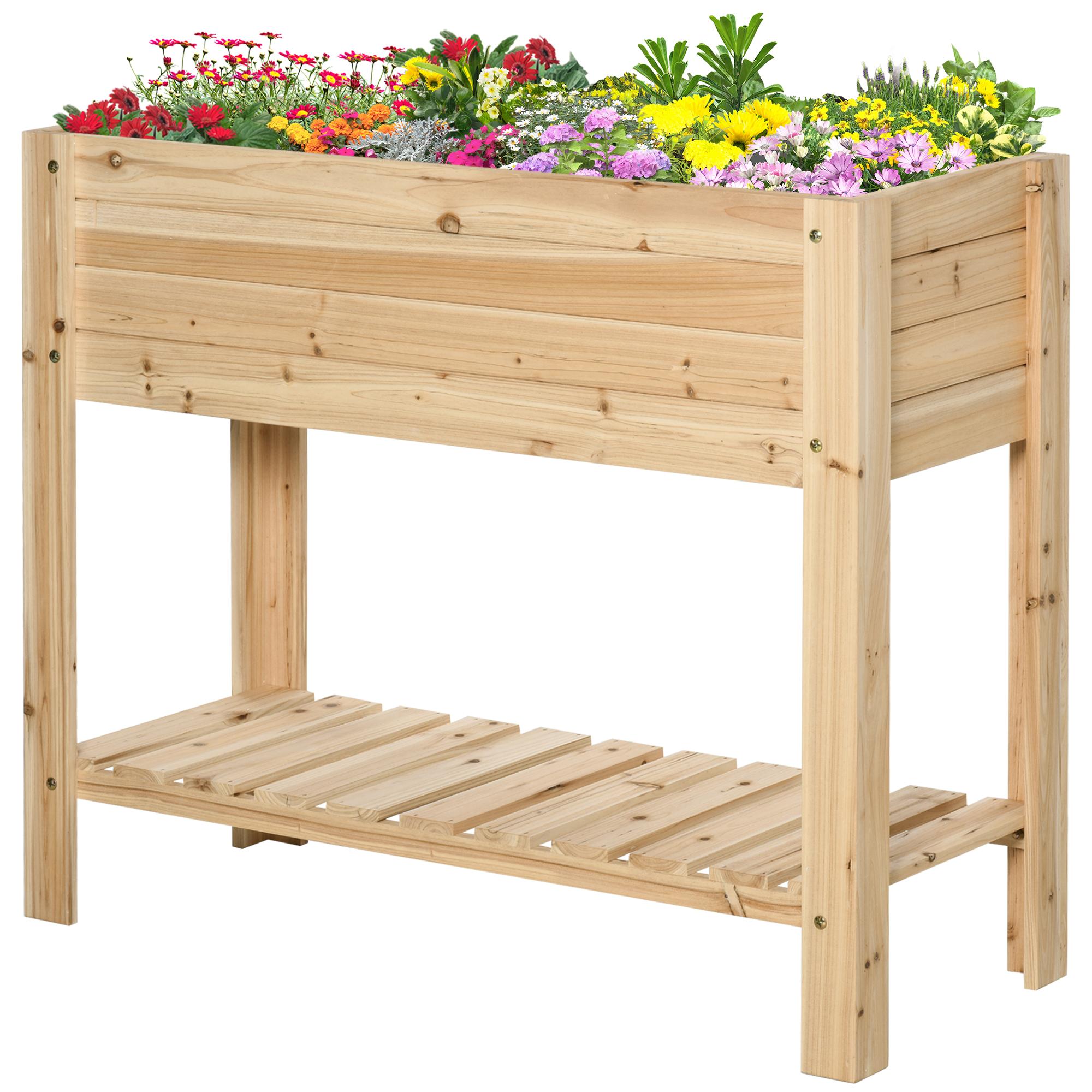 Natural Fir Raised Bed with Shelf, 40 x 16 x 33 in