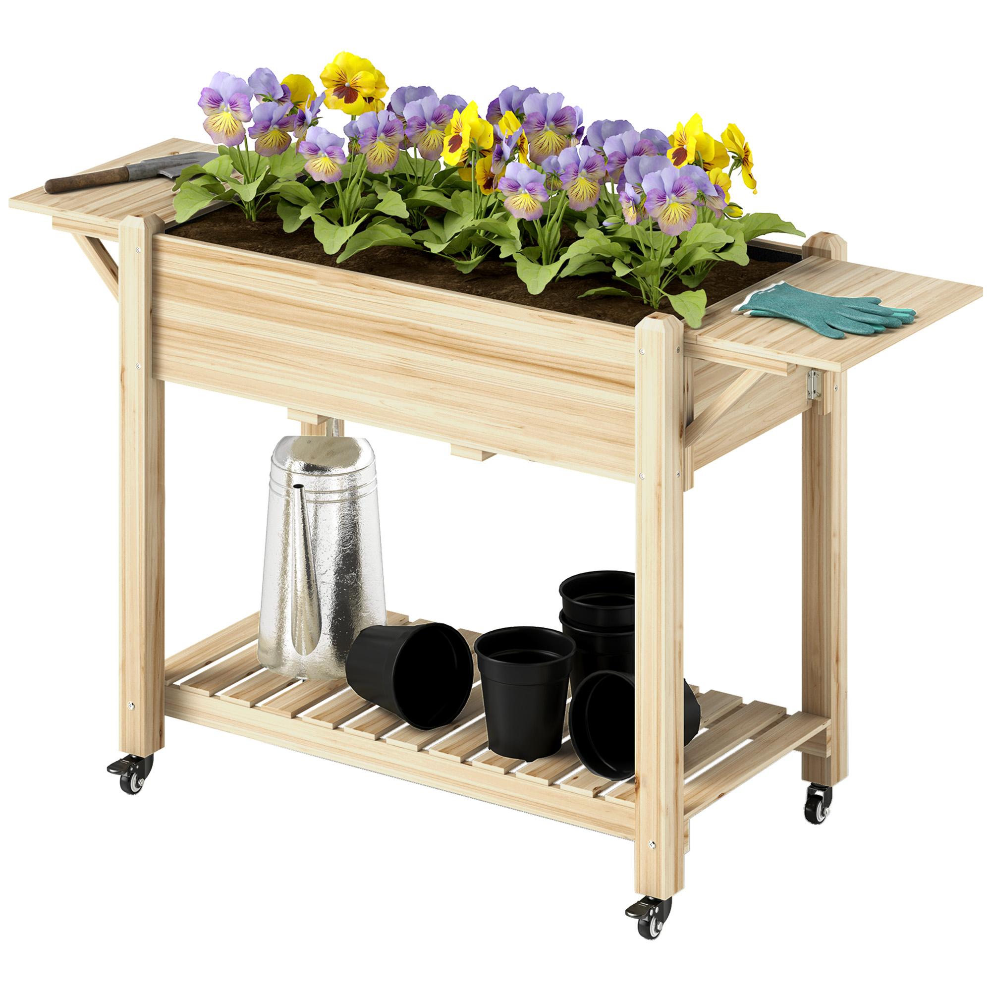 Natural Fir Wood Planter Box with Wheels, Medium