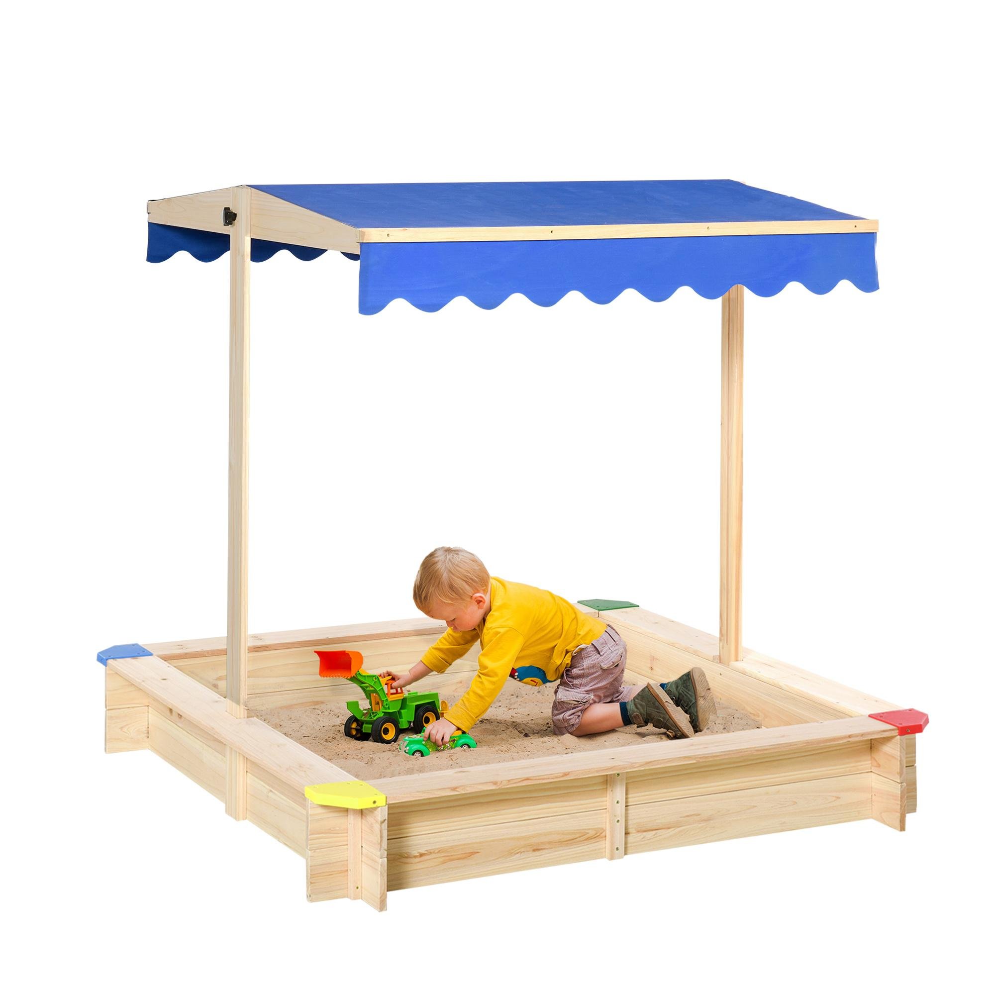 Natural Fir Wood Sandbox with Adjustable Canopy for Backyards