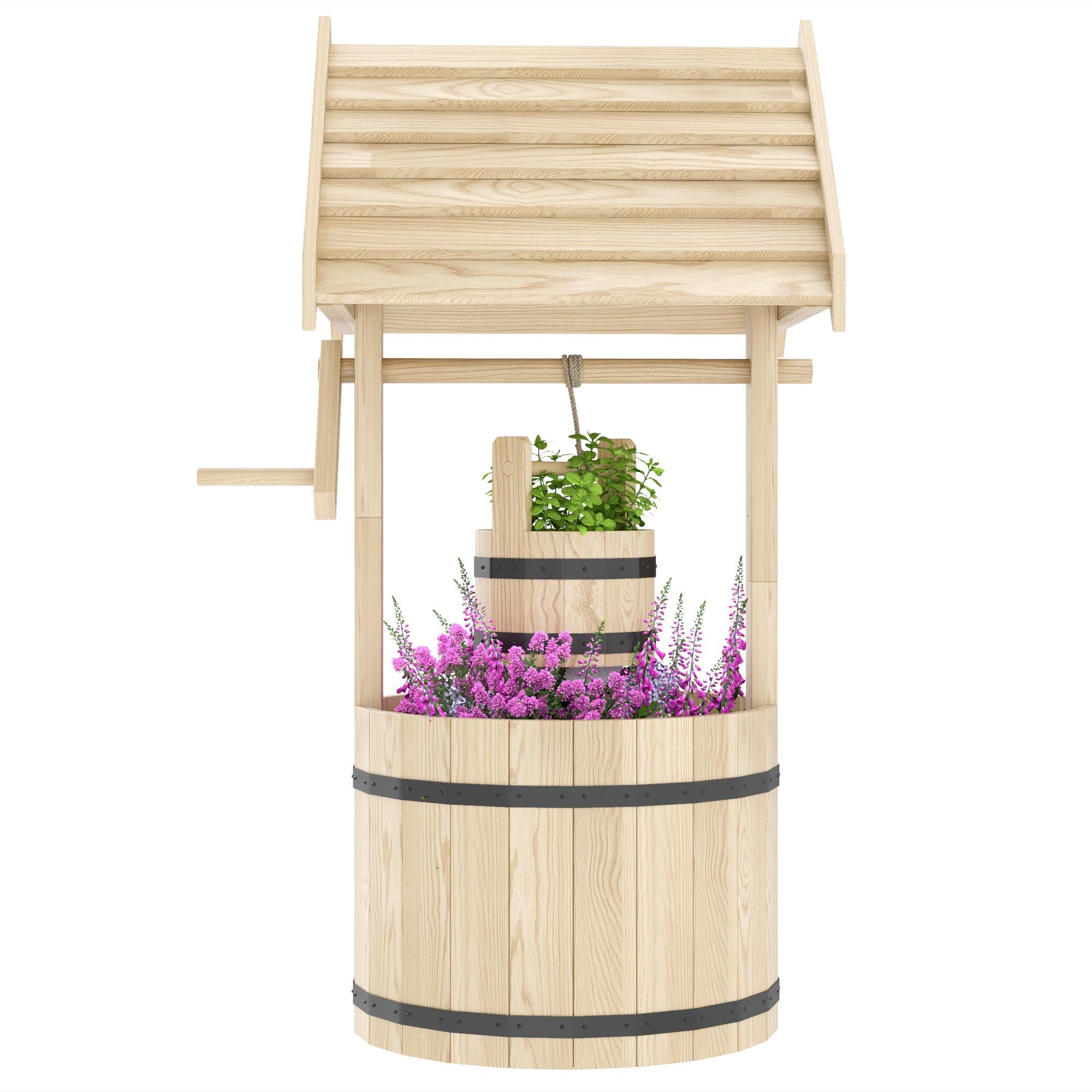 Natural Fir Wood Wishing Well Planter with Hanging Bucket