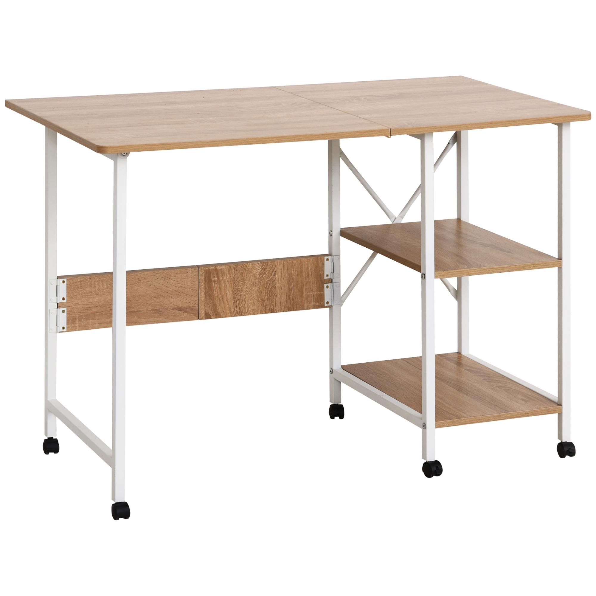 Natural Folding Computer Desk with Shelves and Wheels