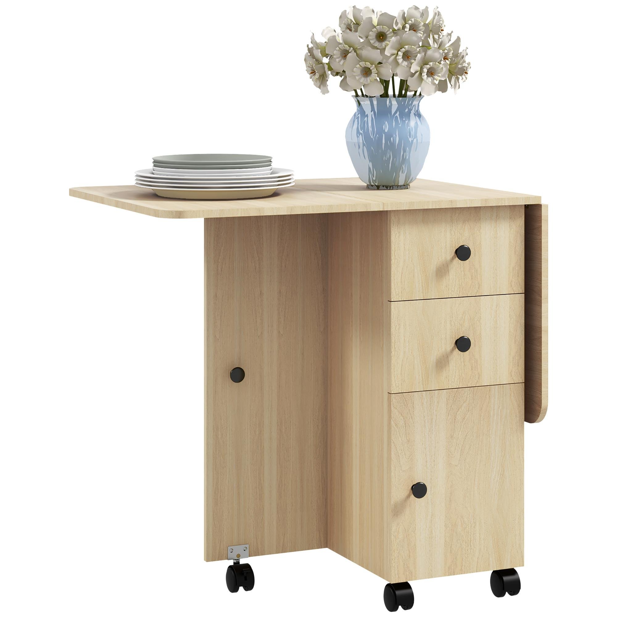Natural Folding Dining Table with Storage and Wheels