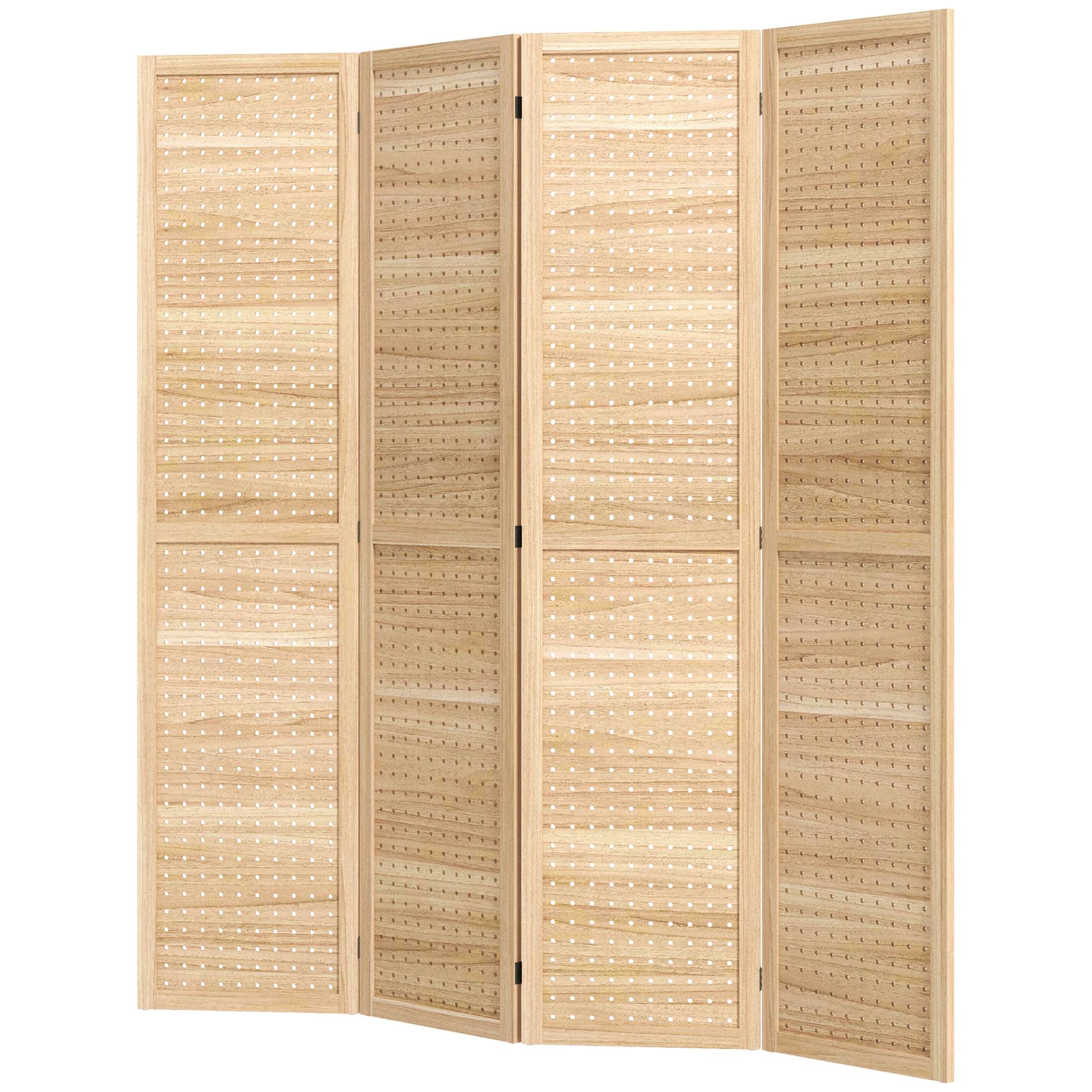 Natural paulownia pegboard divider, 4-panel privacy screen