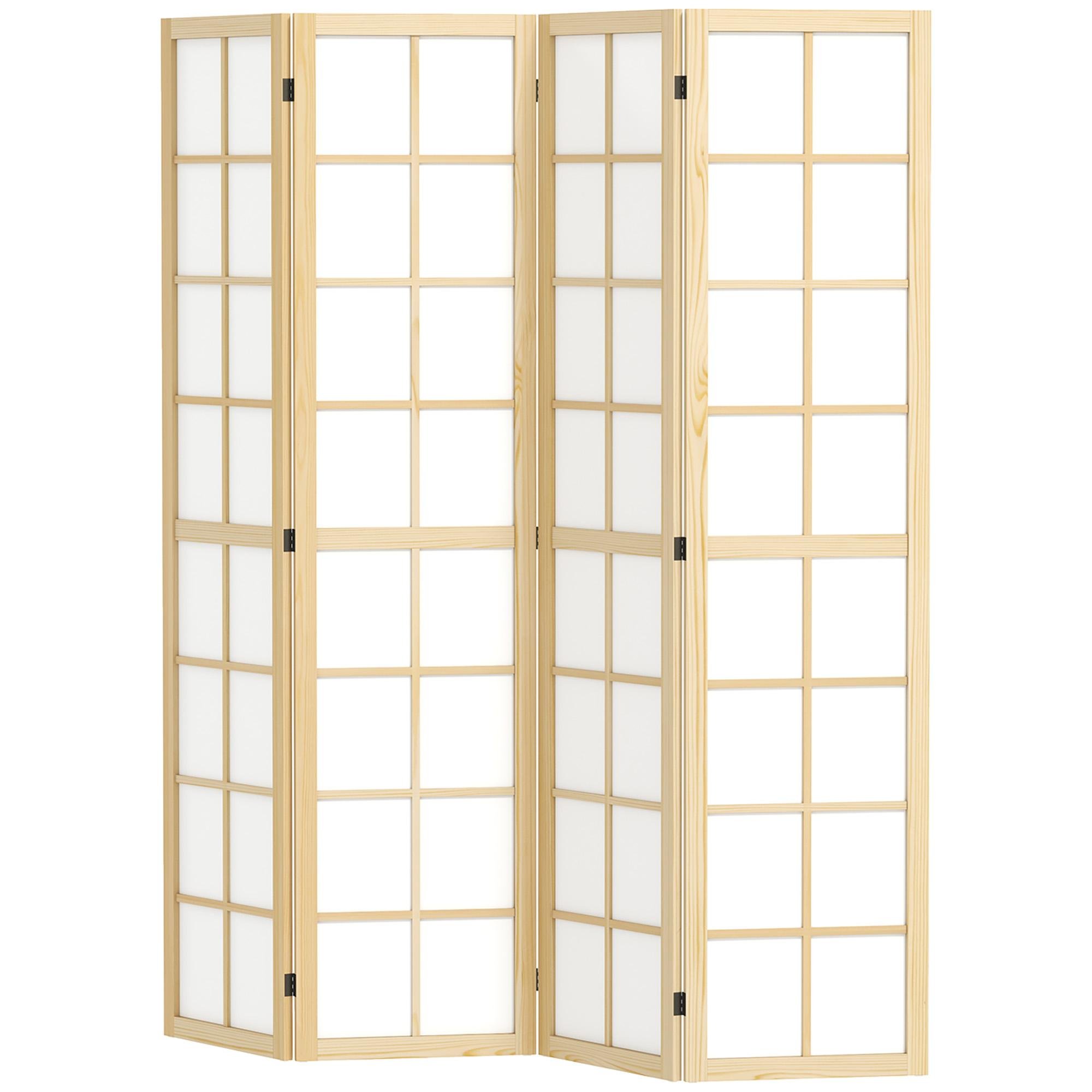 Natural 4 Panel Privacy Screen, Folding Pine Wood Room Divider