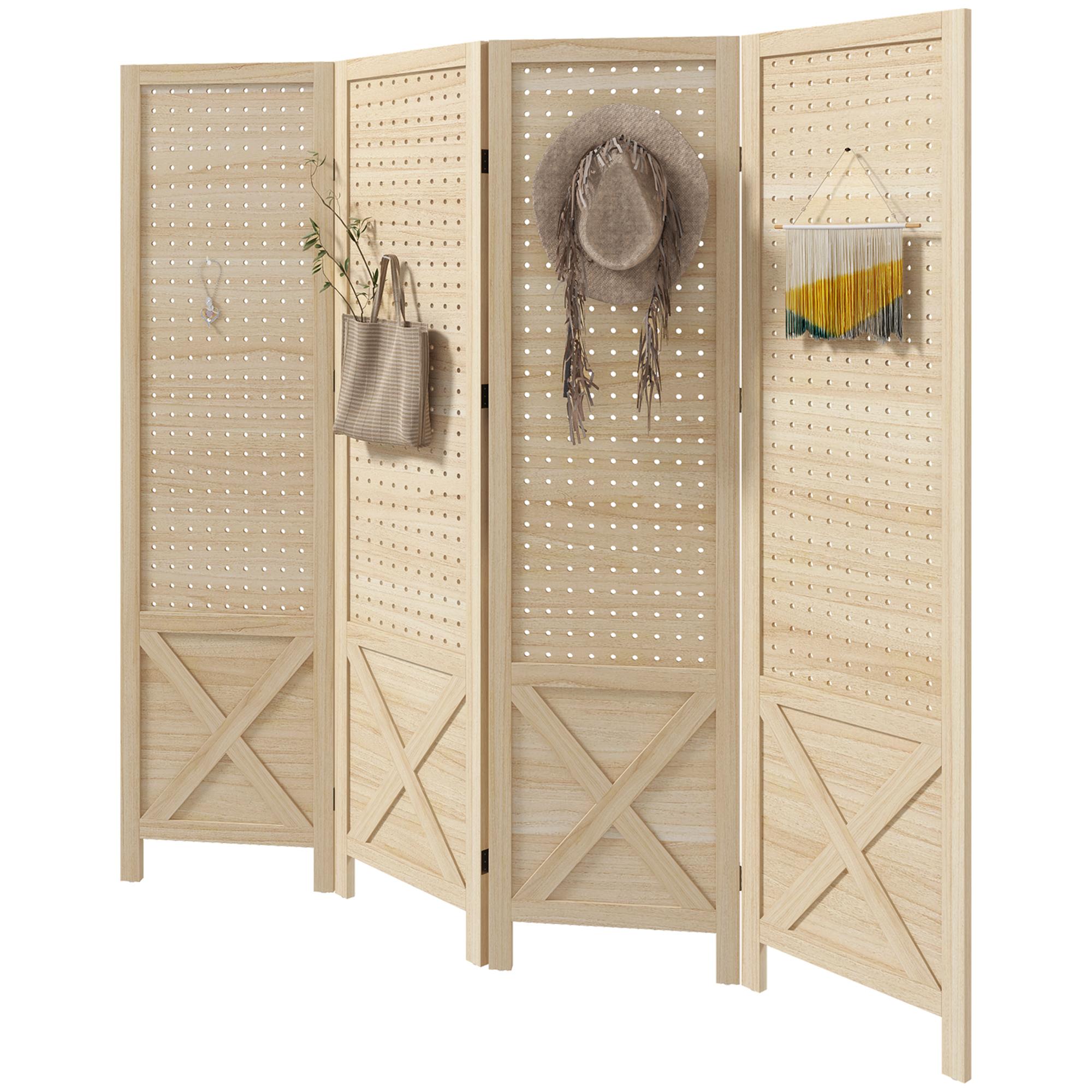 Natural Pegboard Room Divider with Four Folding Panels