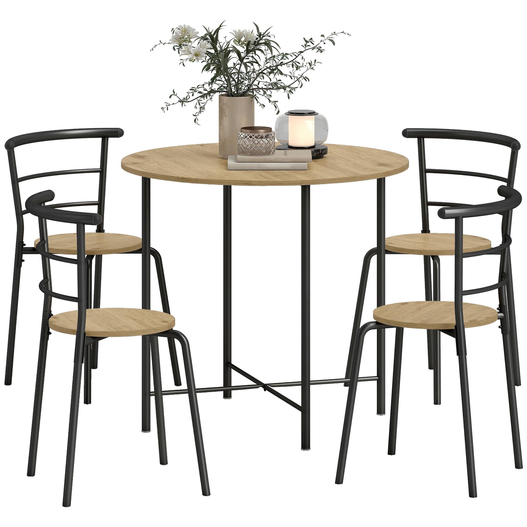Natural Round Dining Set for 4, Space-Saving 5-Piece