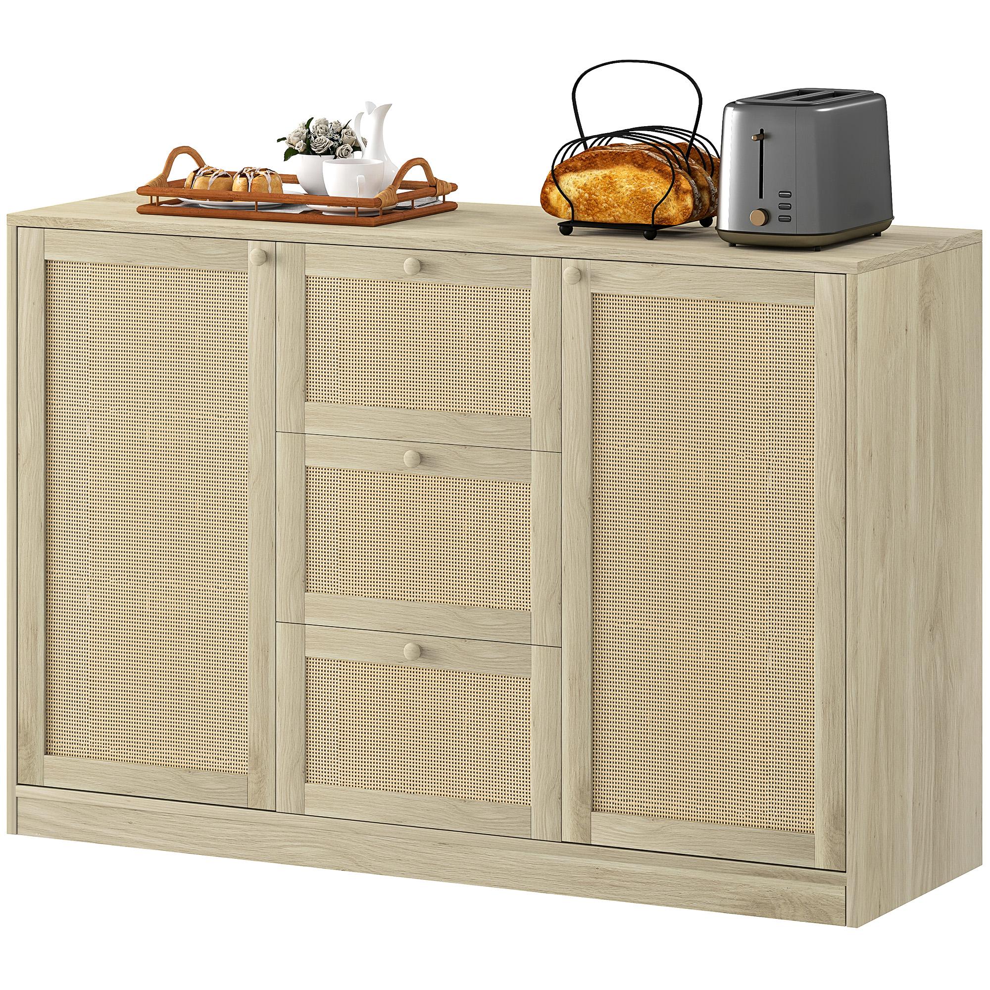 Natural Boho Sideboard with 3 Drawers and Rattan Doors