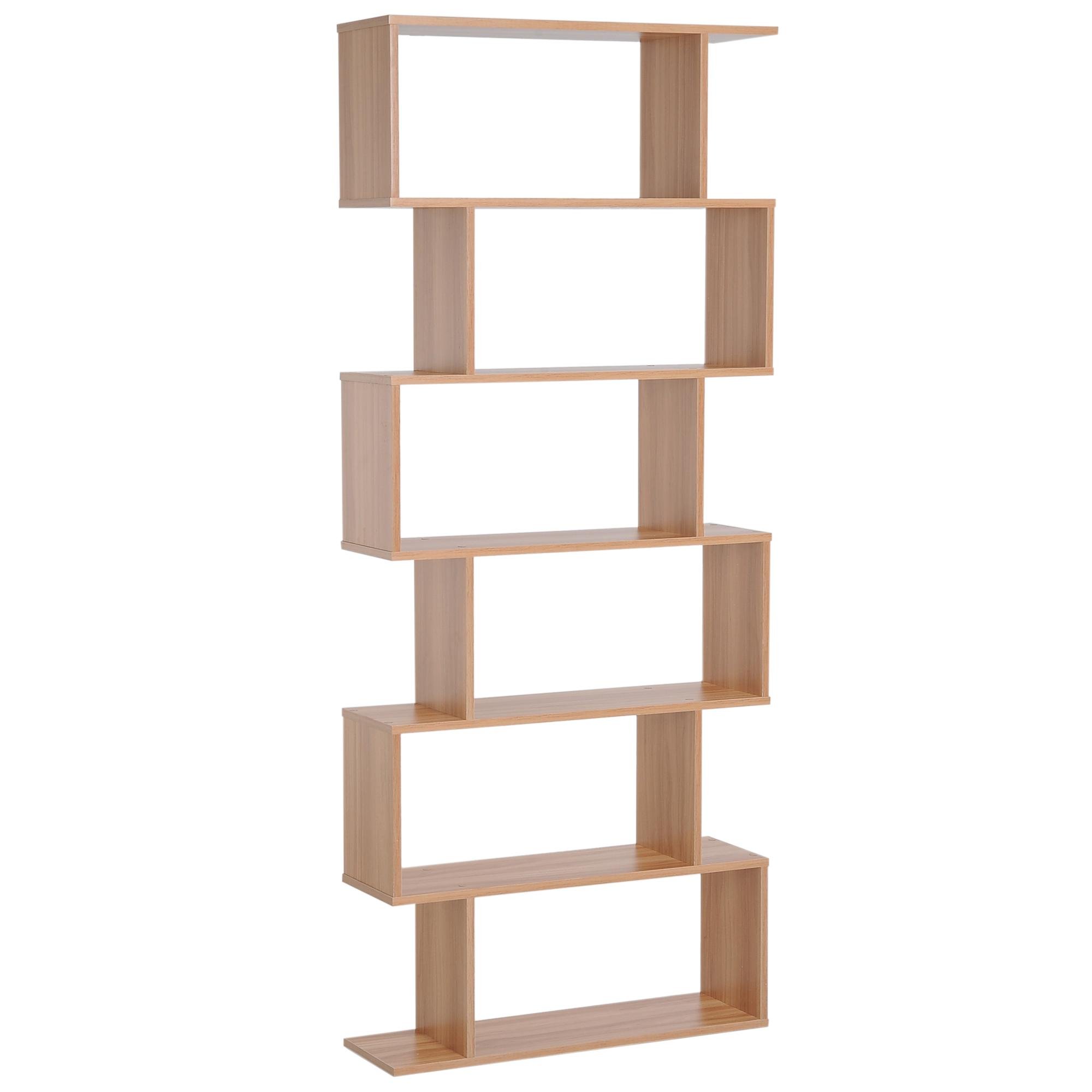 Natural Six Tier Bookshelf, S-Shaped Open Display