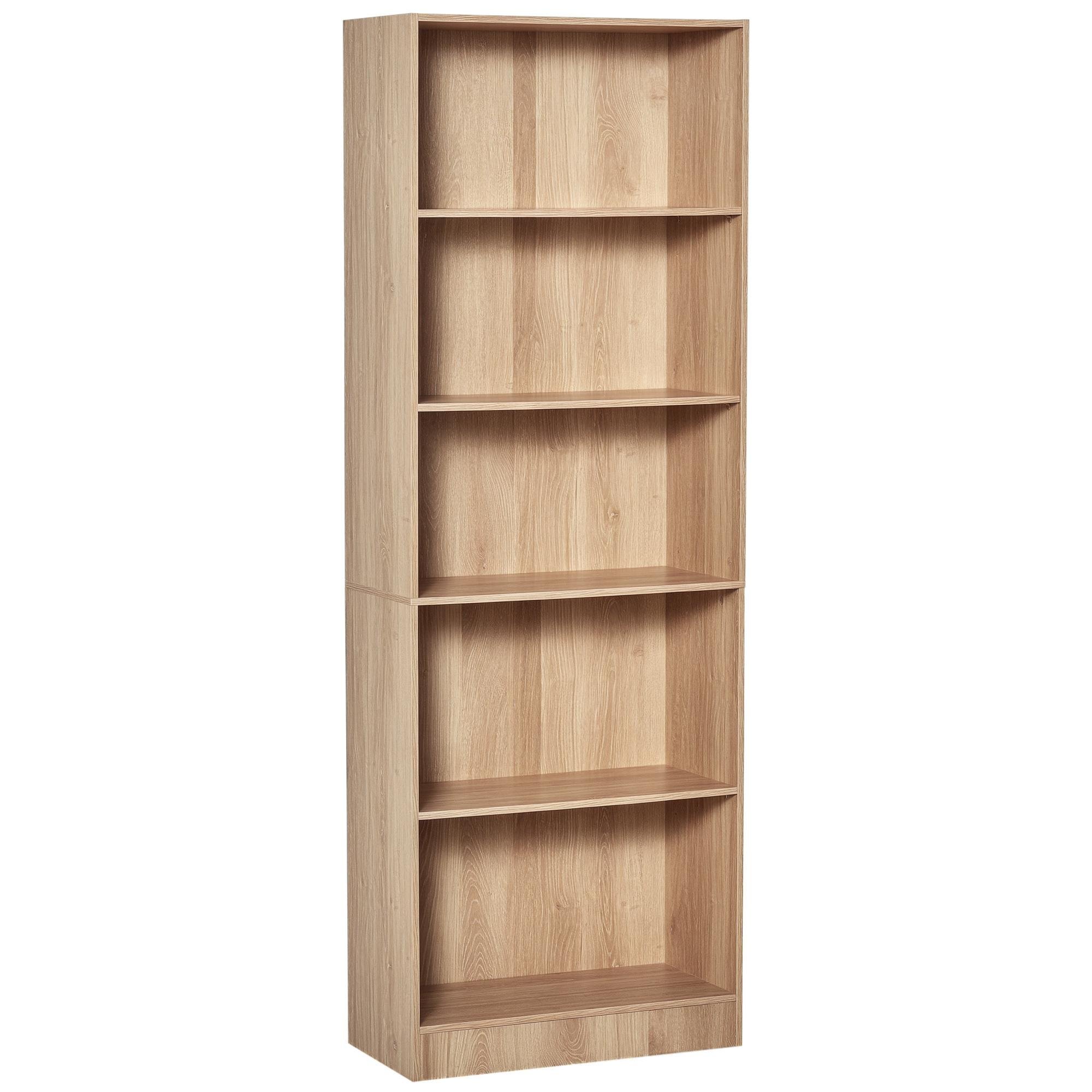 Natural Wood 5-Tier Bookcase with 3 Adjustable Shelves