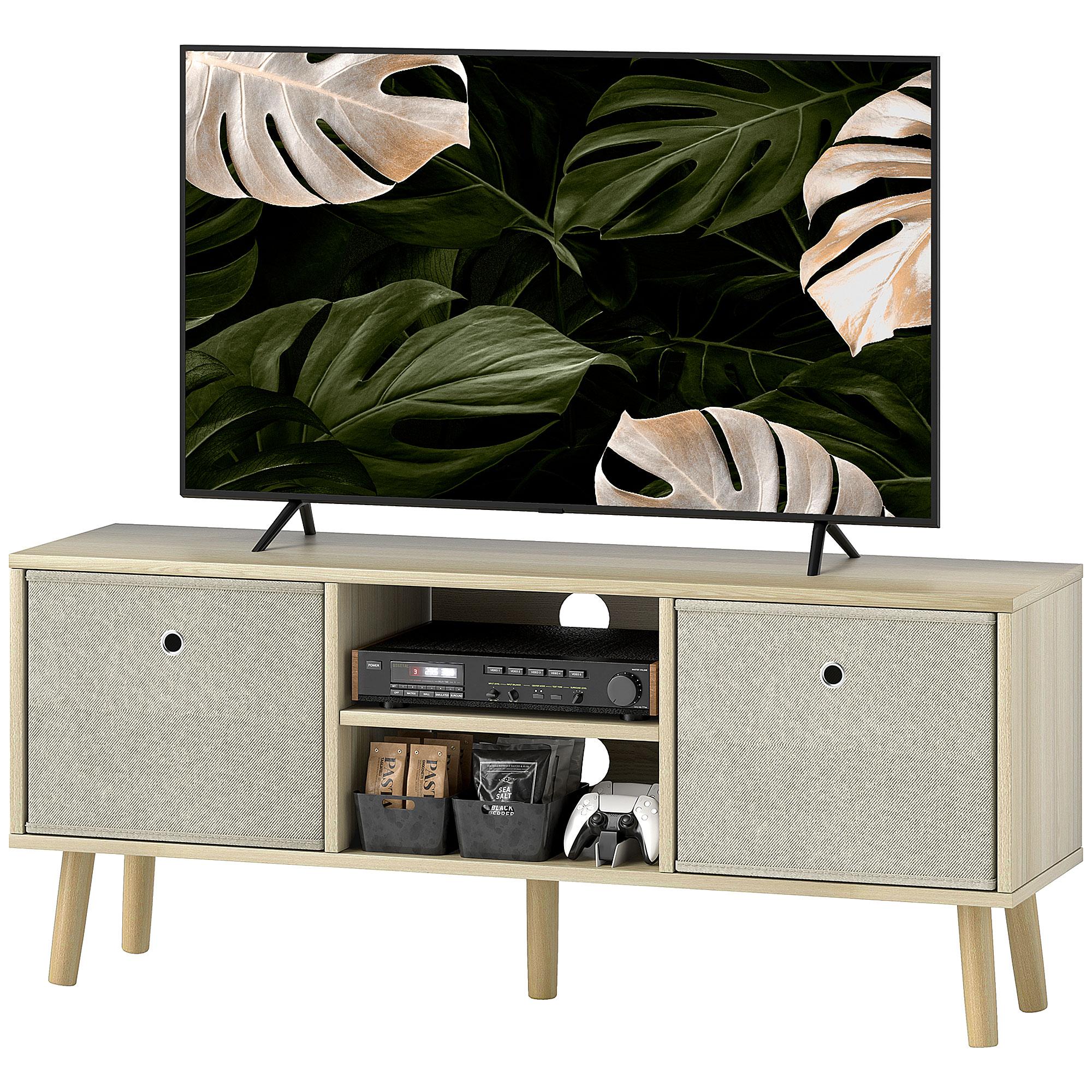 43 inch beige tv stand with foldable drawers and shelves