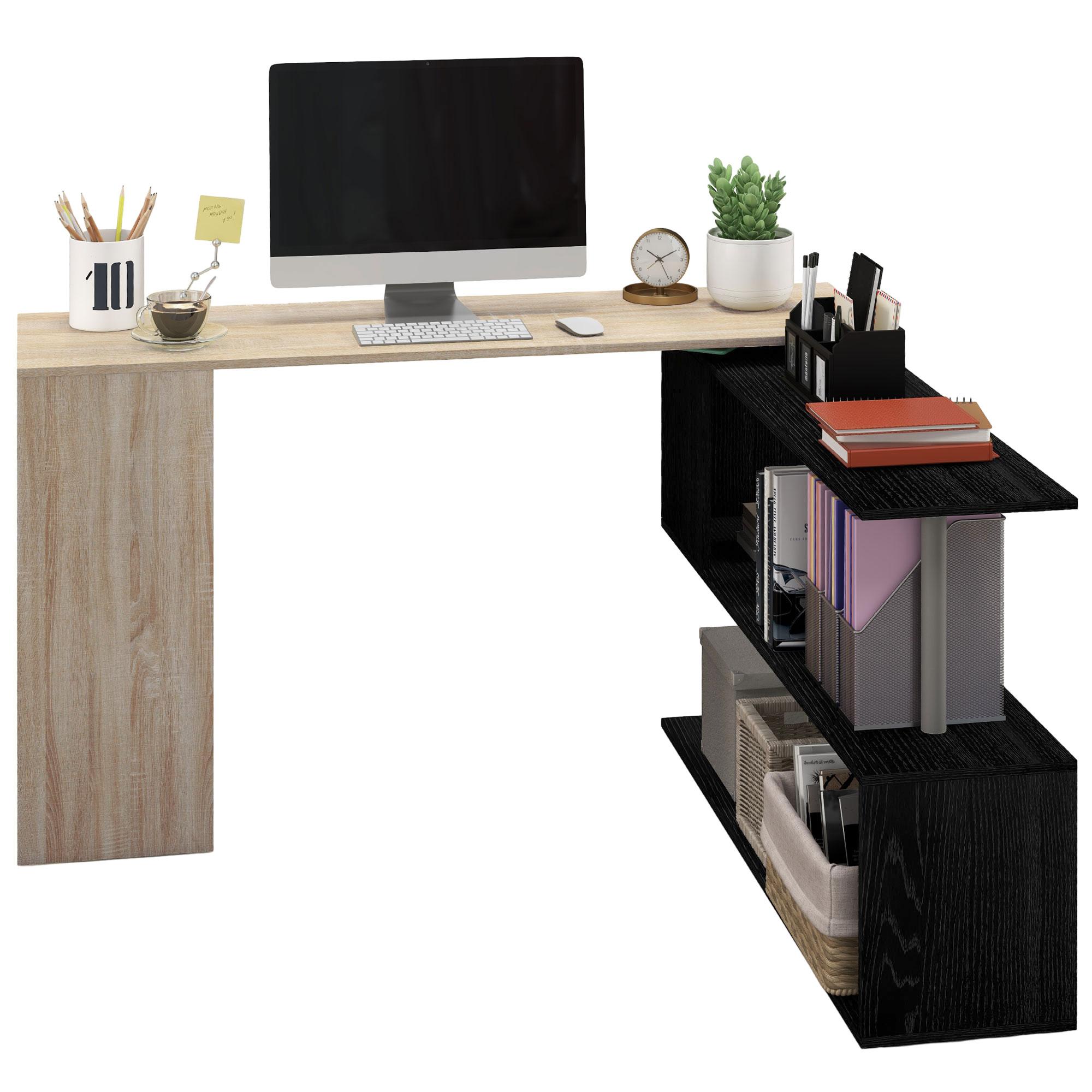 Natural Wood Rotating Computer Desk with Shelves