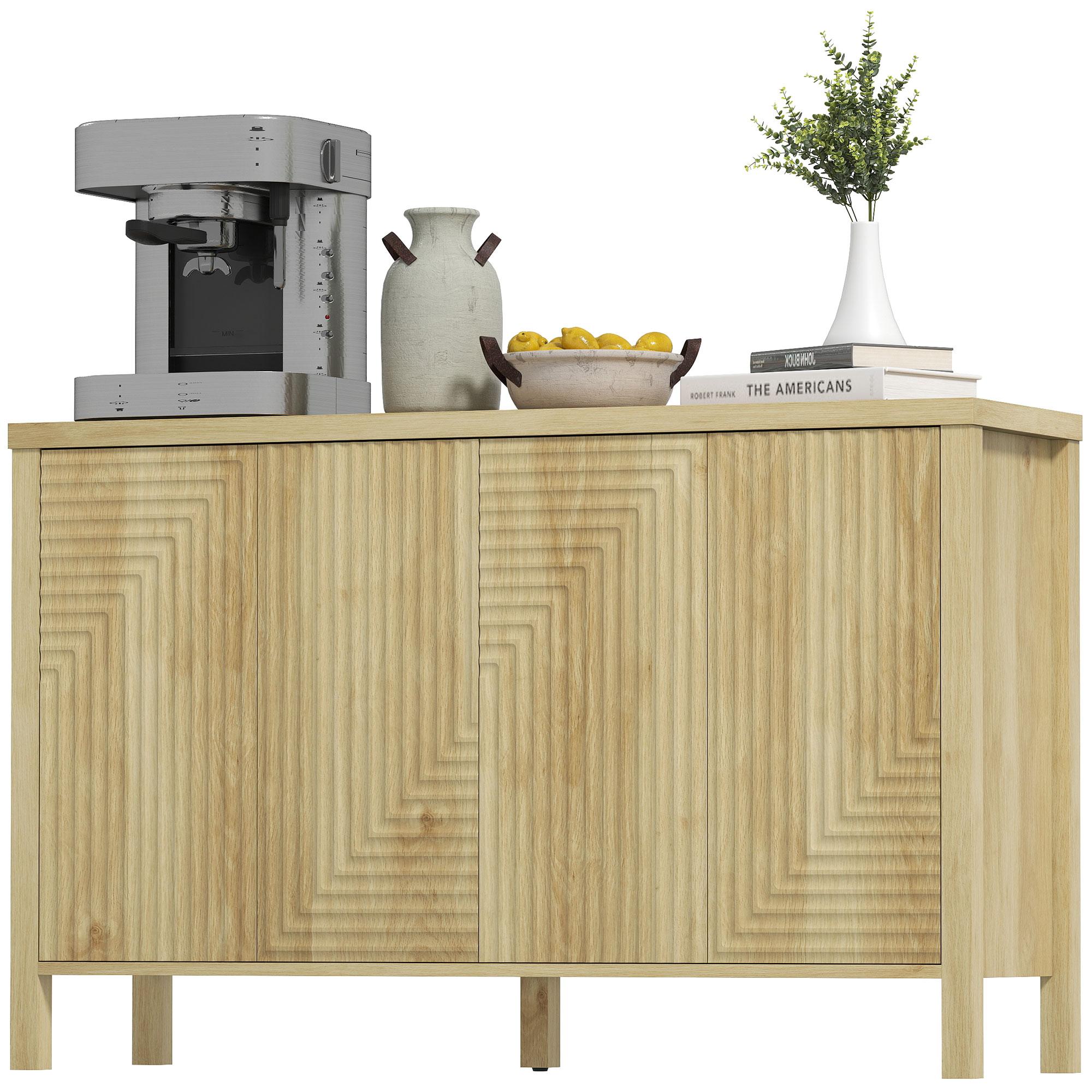 Natural Wood Bar Cabinet with Fluted Doors and Adjustable Shelves