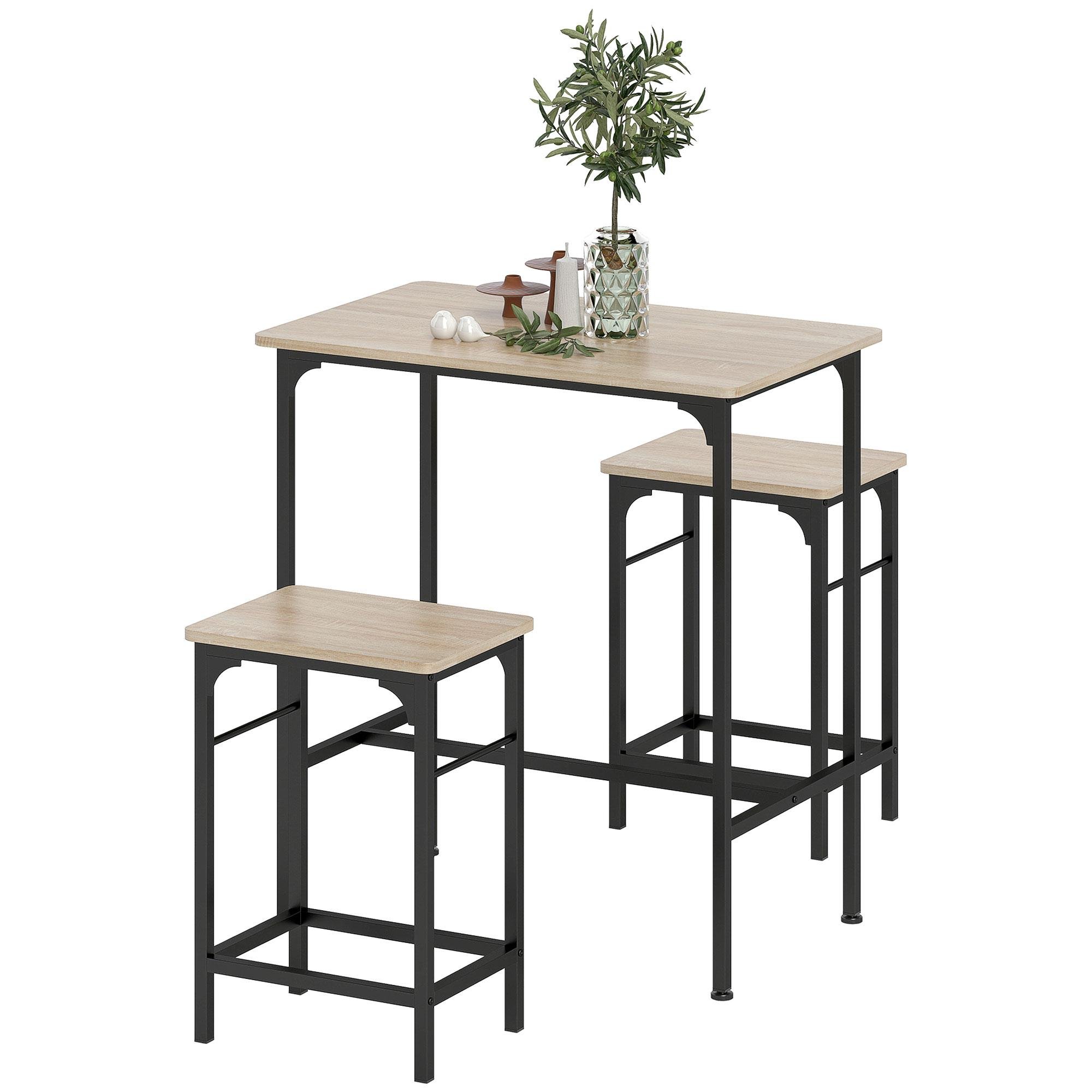 Natural Wood Bar Table Set with Two Stools for Small Spaces