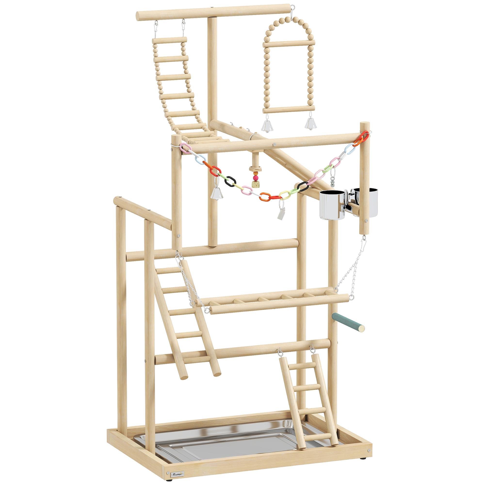 Natural wood bird play stand, 4-level playground for small birds