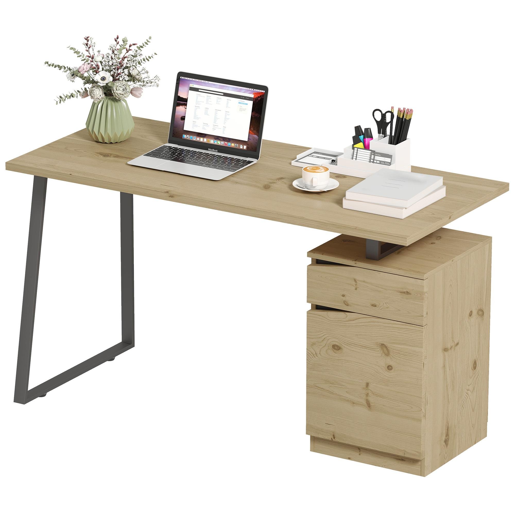53.1 Inch Natural Wood Desk with Cabinet and Drawer