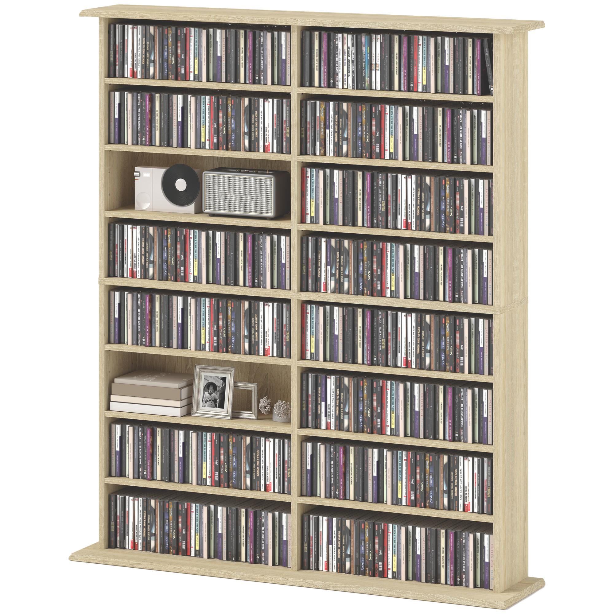 Natural Wood Double Media Shelf with 12 Adjustable Shelves