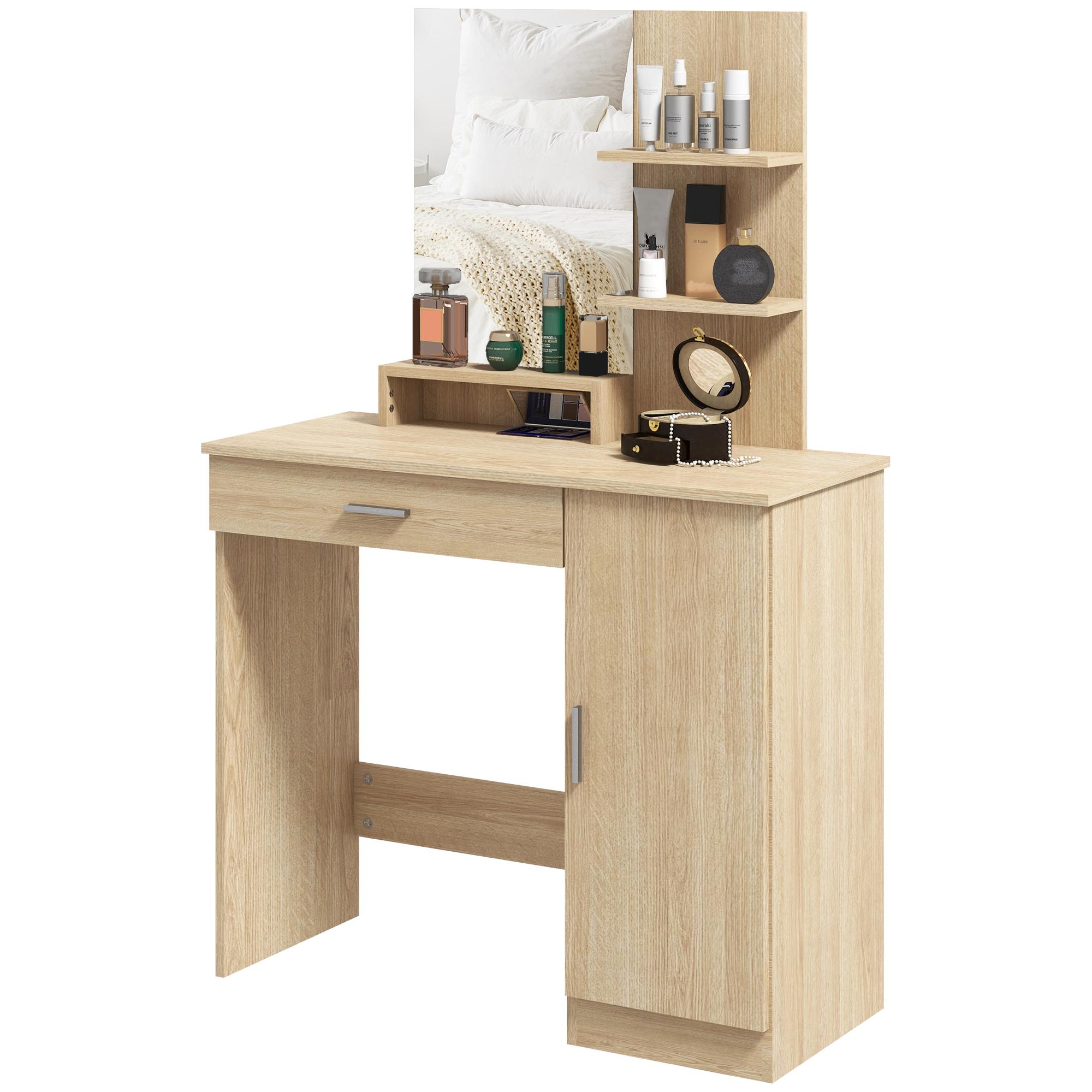 Natural Wood Dressing Table with Mirror and Storage