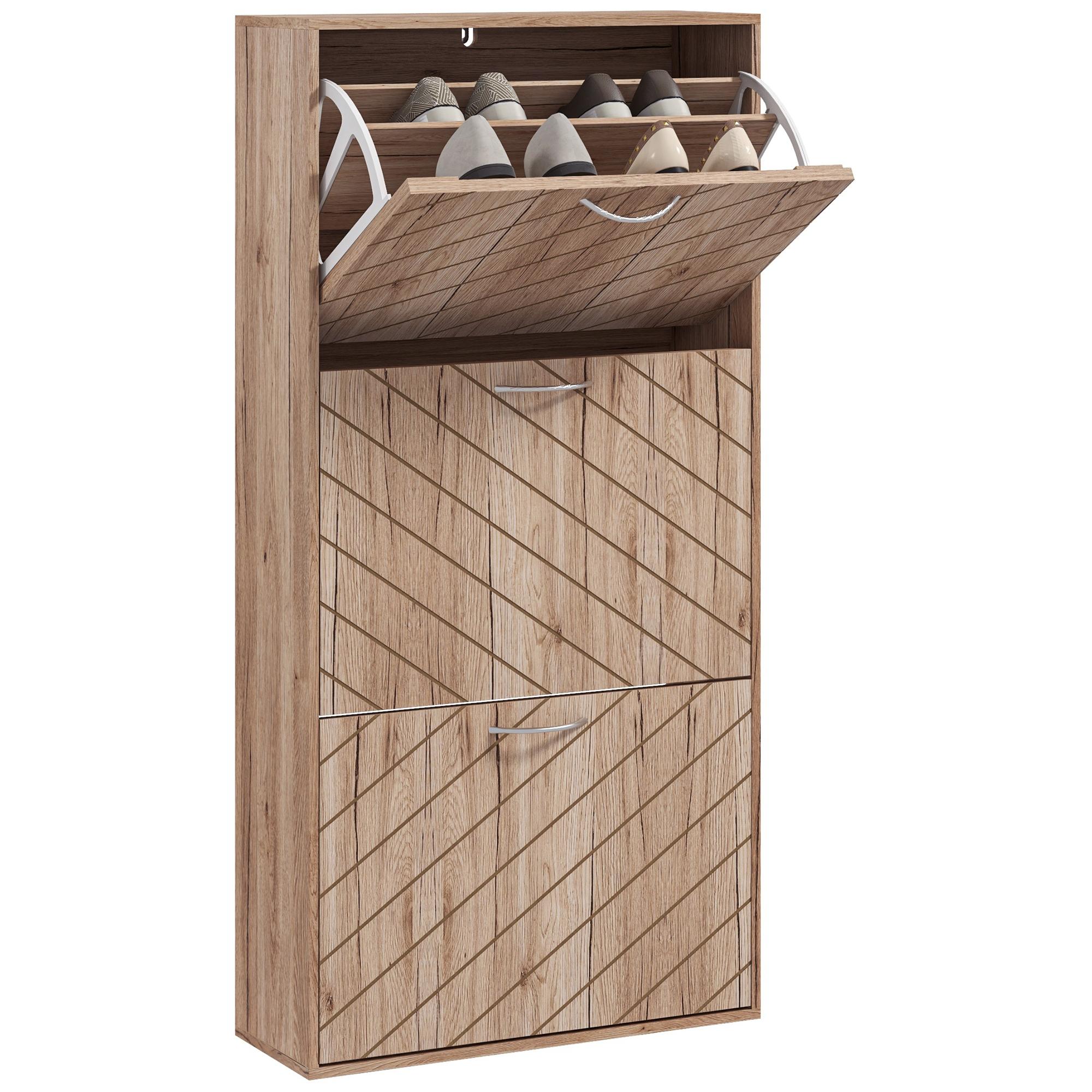 Natural 12 Pair Shoe Cabinet with 3 Flip Drawers