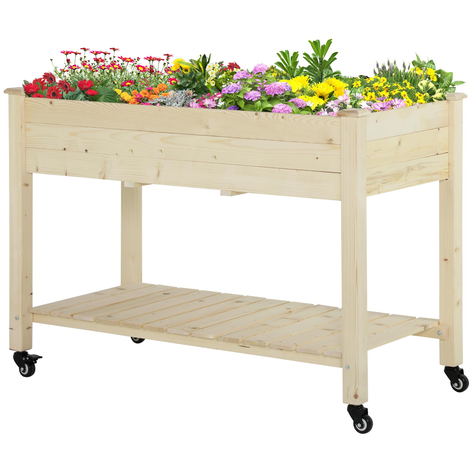Natural Wood Mobile Planter with Two Tiers