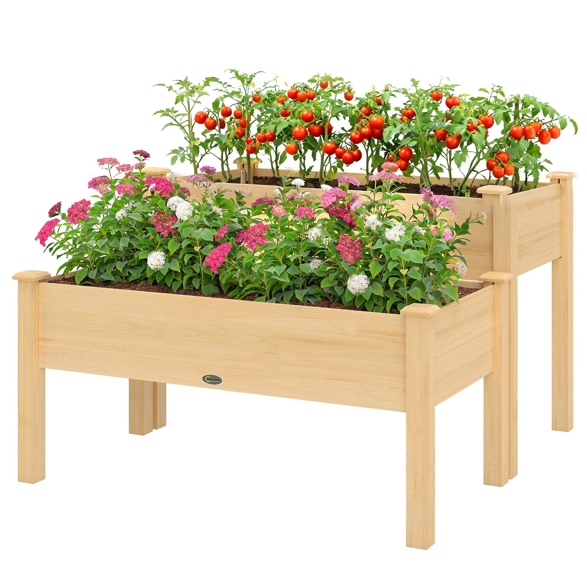Natural Wood Two Tier Planter, Elevated Fir Garden Bed