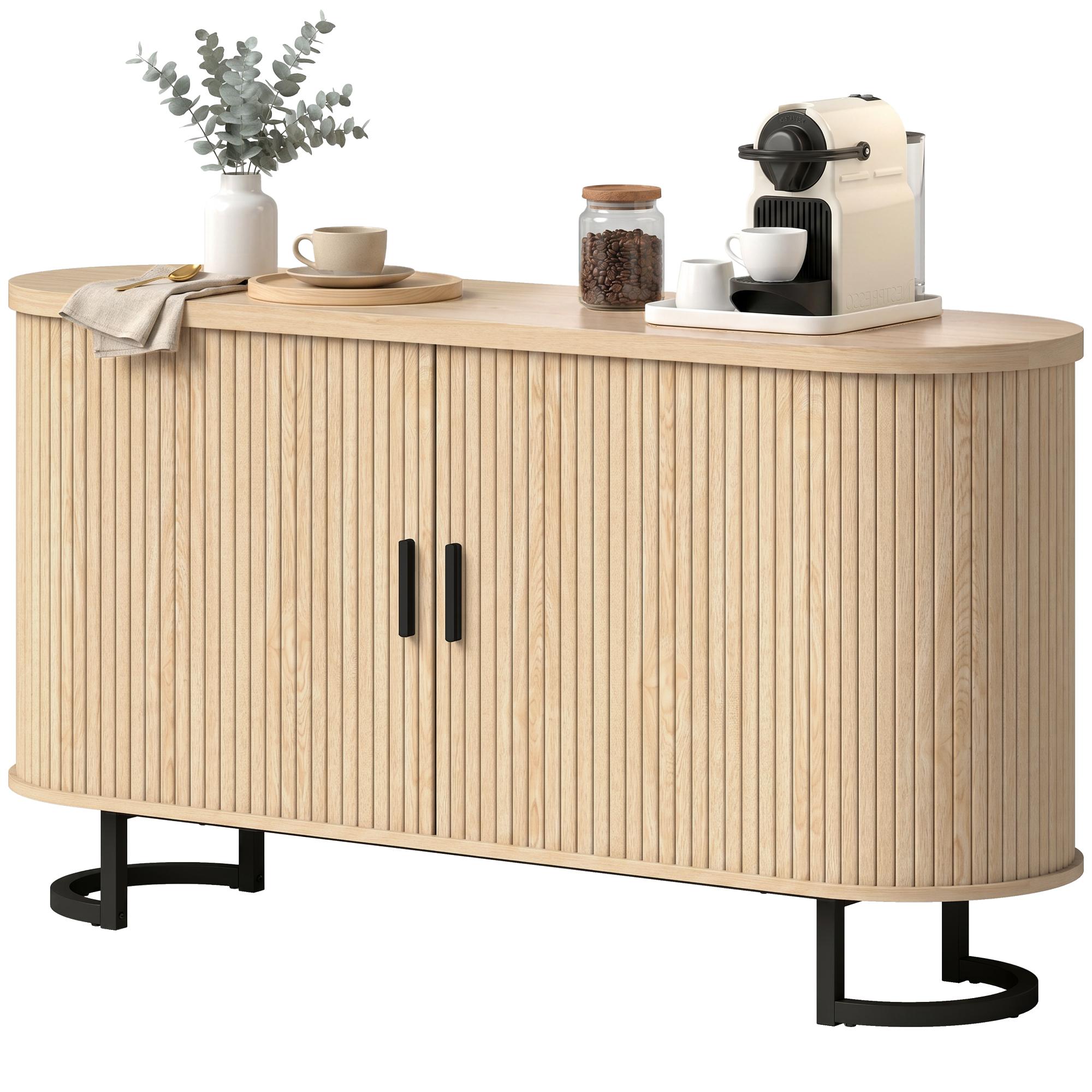 Natural Fluted Coffee Bar Cabinet with Sliding Doors