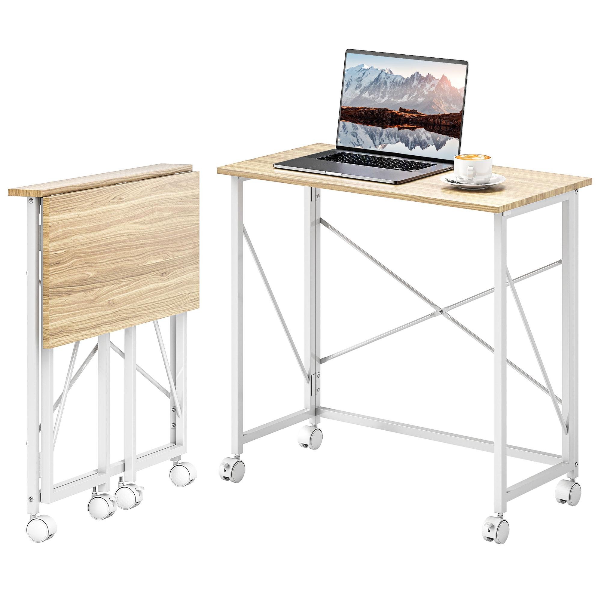 Natural wood folding desk with wheels for small spaces
